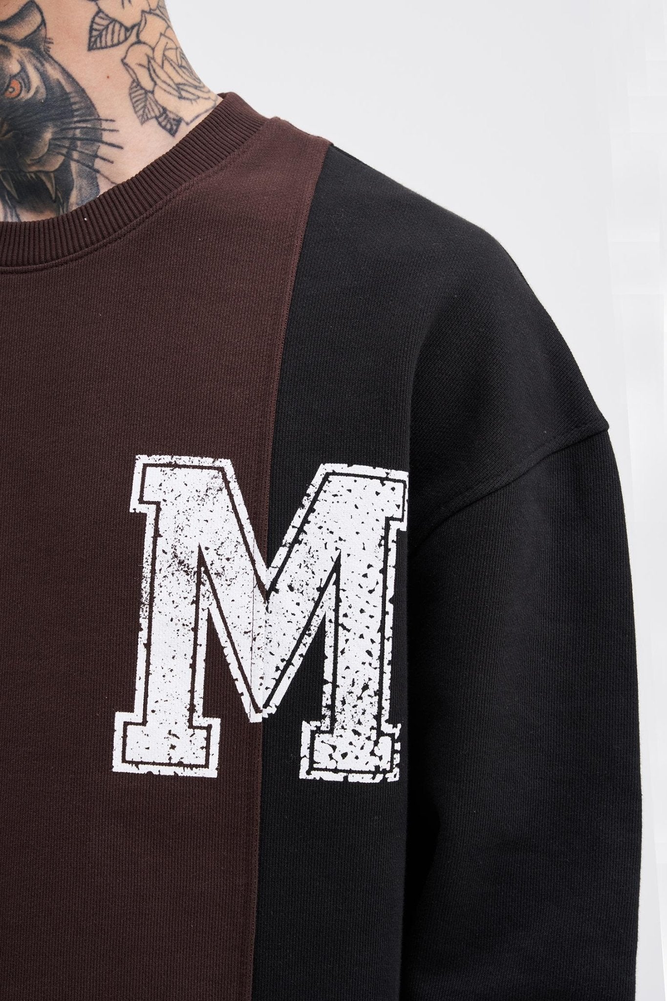 Erkek M Logo Patchwork Sweatshirt Kahverengi - Siyah