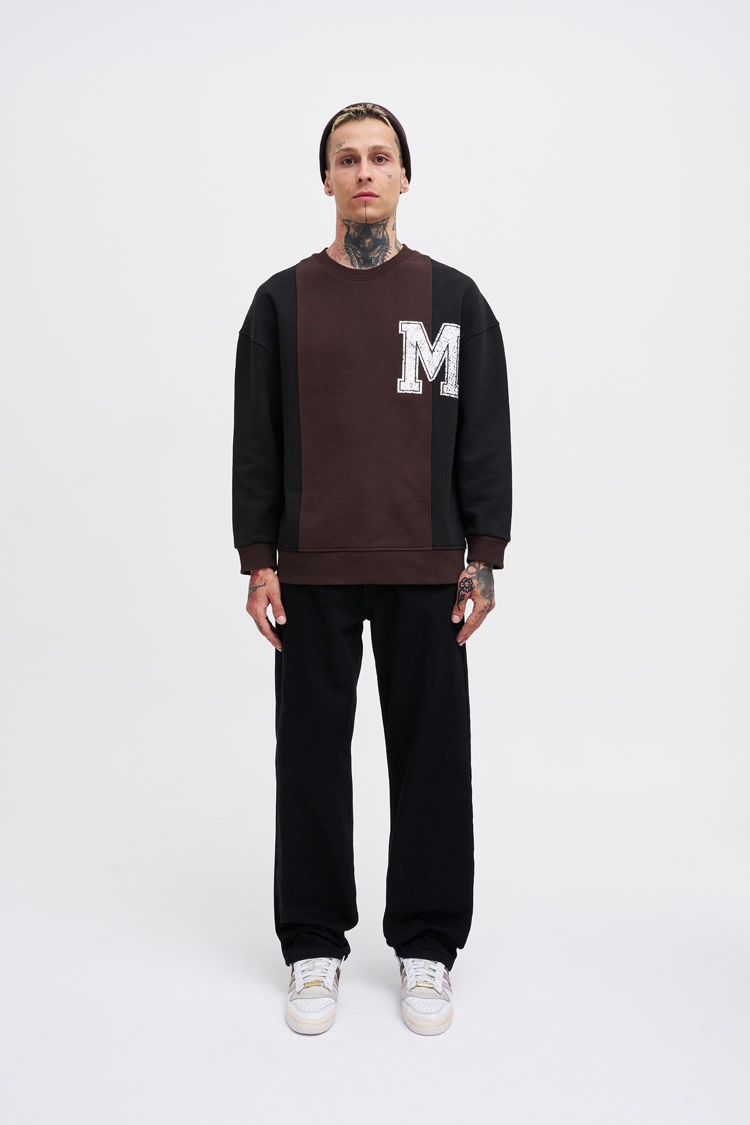 Erkek M Logo Patchwork Sweatshirt Kahverengi - Siyah