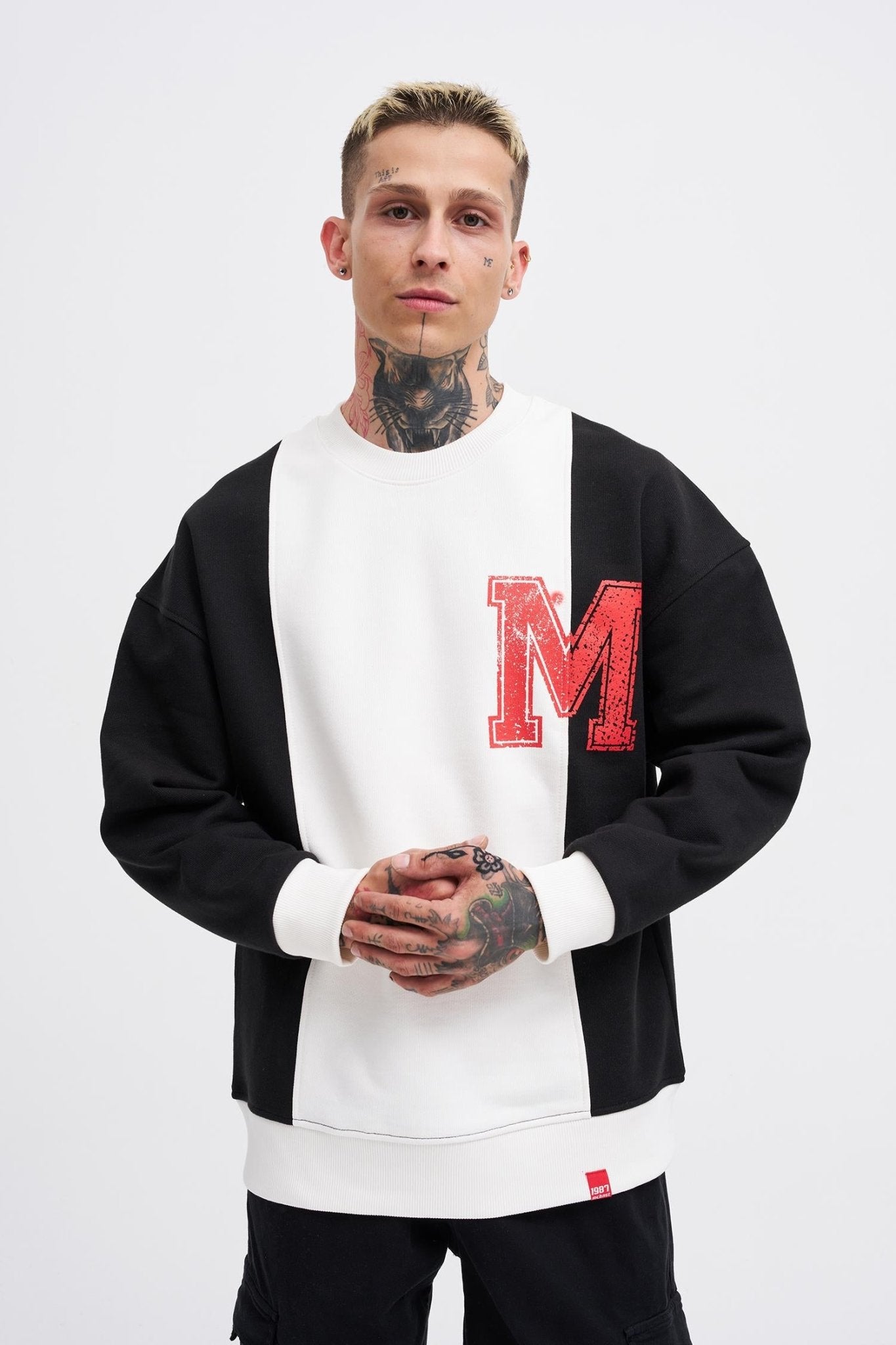 Erkek M Logo Patchwork Sweatshirt Siyah - Ekru