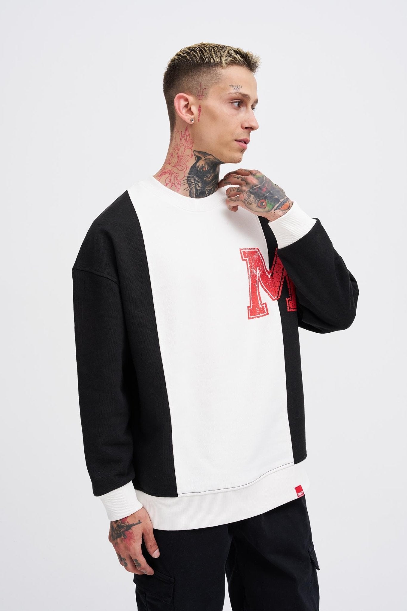 Erkek M Logo Patchwork Sweatshirt Siyah - Ekru