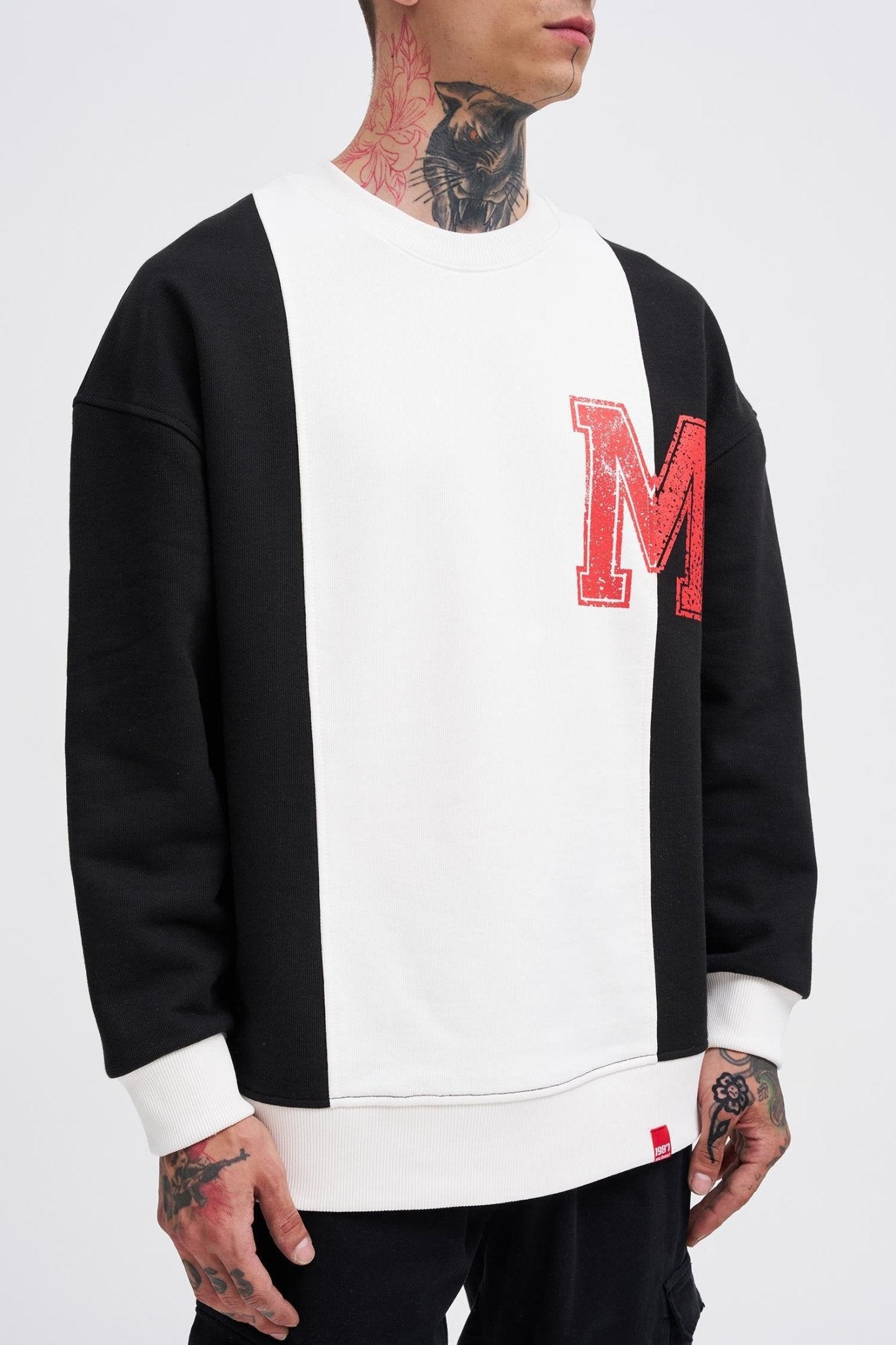 Erkek M Logo Patchwork Sweatshirt Siyah - Ekru