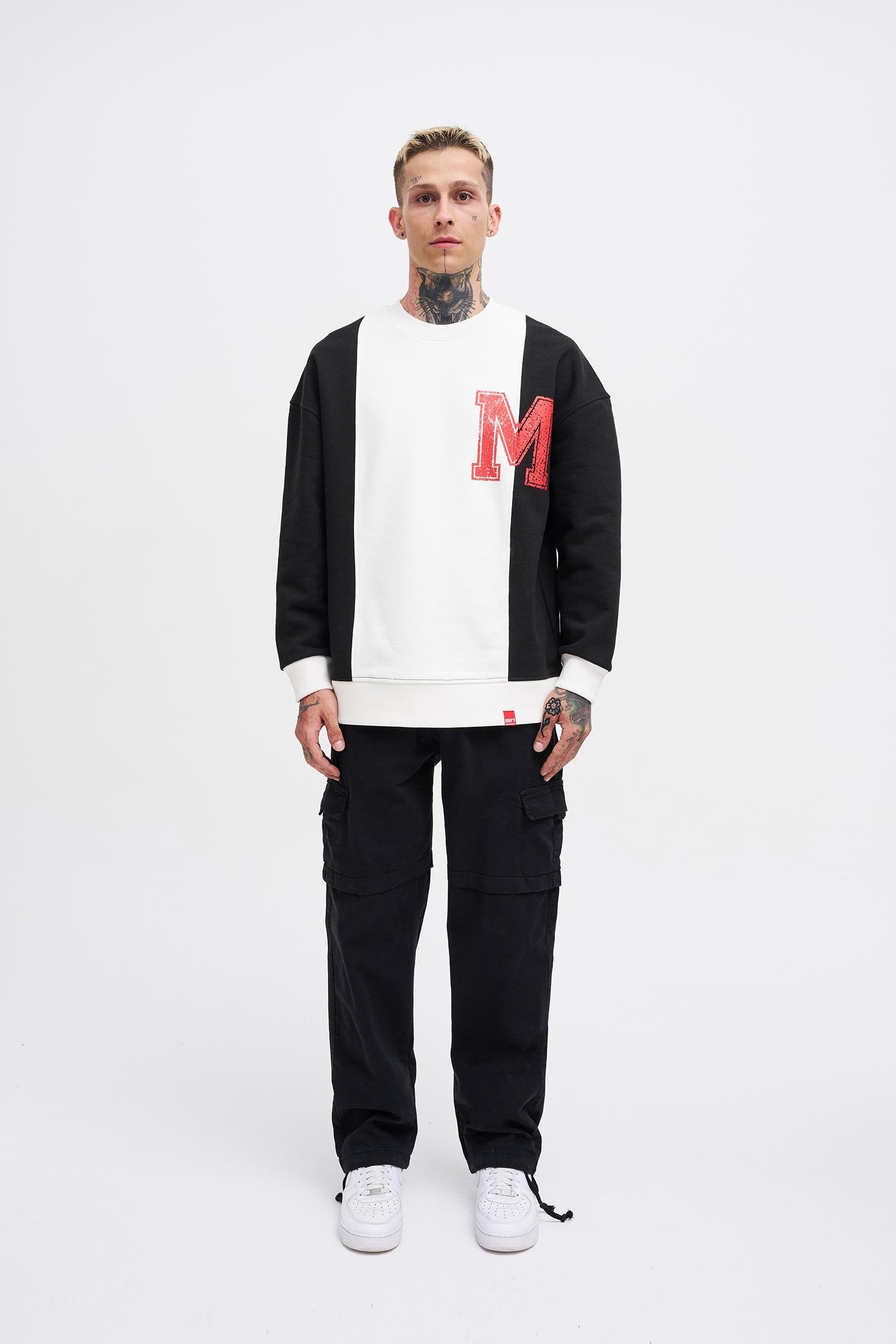 Erkek M Logo Patchwork Sweatshirt Siyah - Ekru