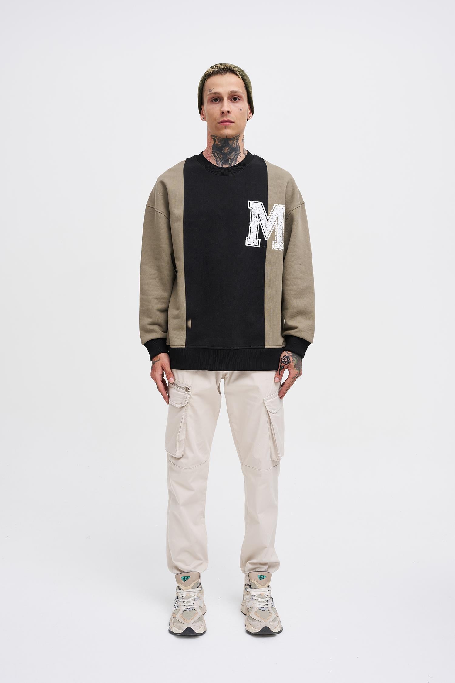 Erkek M Logo Patchwork Sweatshirt Siyah - Haki
