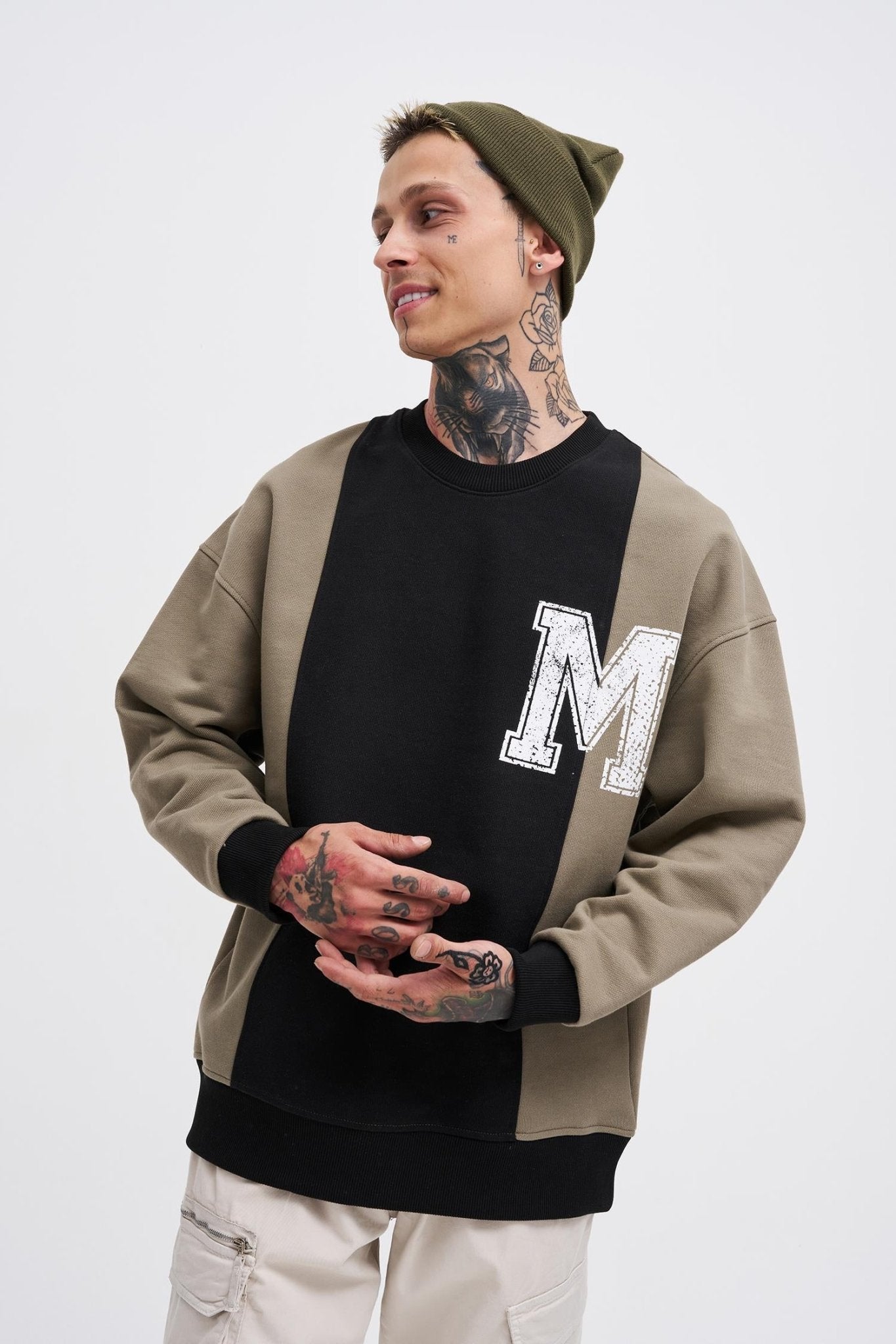Erkek M Logo Patchwork Sweatshirt Siyah - Haki