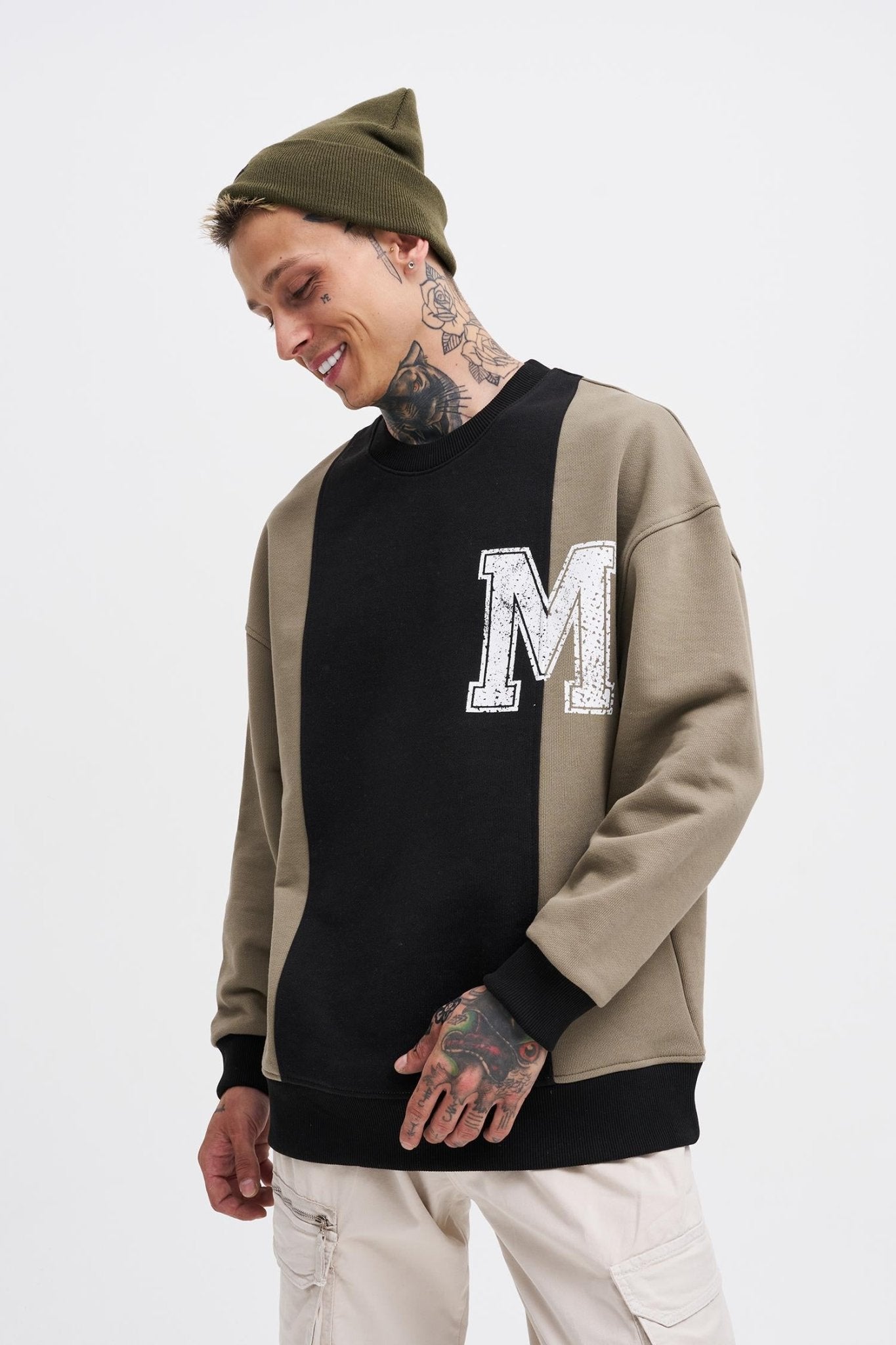 Erkek M Logo Patchwork Sweatshirt Siyah - Haki