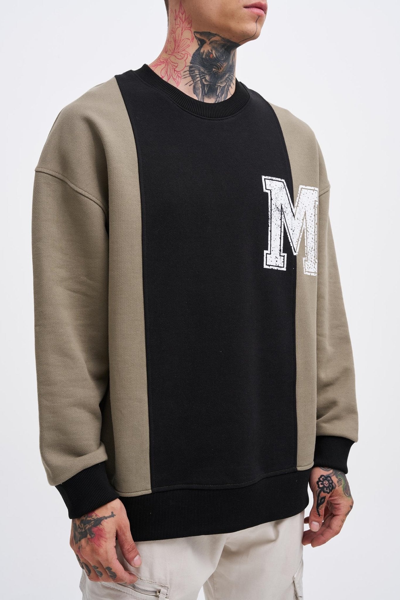 Erkek M Logo Patchwork Sweatshirt Siyah - Haki