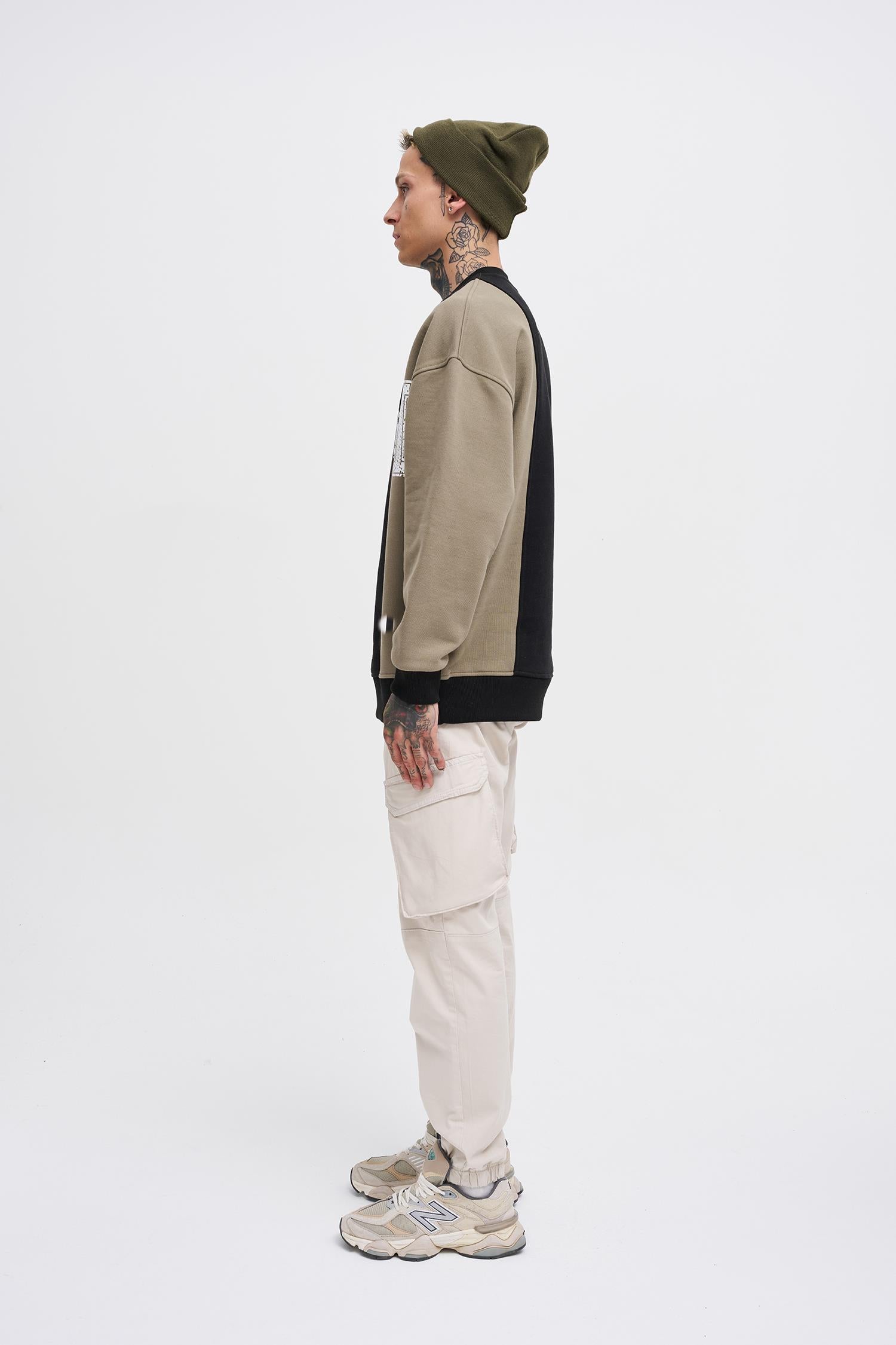 Erkek M Logo Patchwork Sweatshirt Siyah - Haki