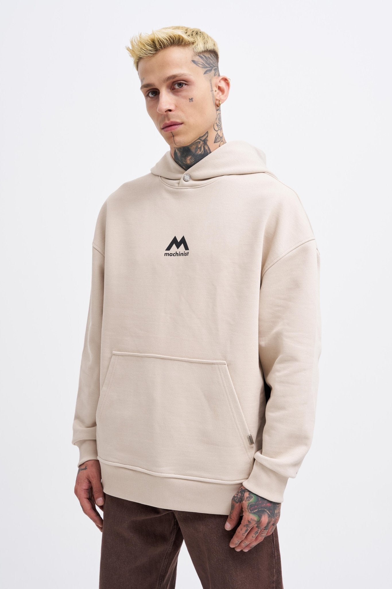 Erkek M Shaped Pactwork Kapüşonlu Sweatshirt Açık Bej