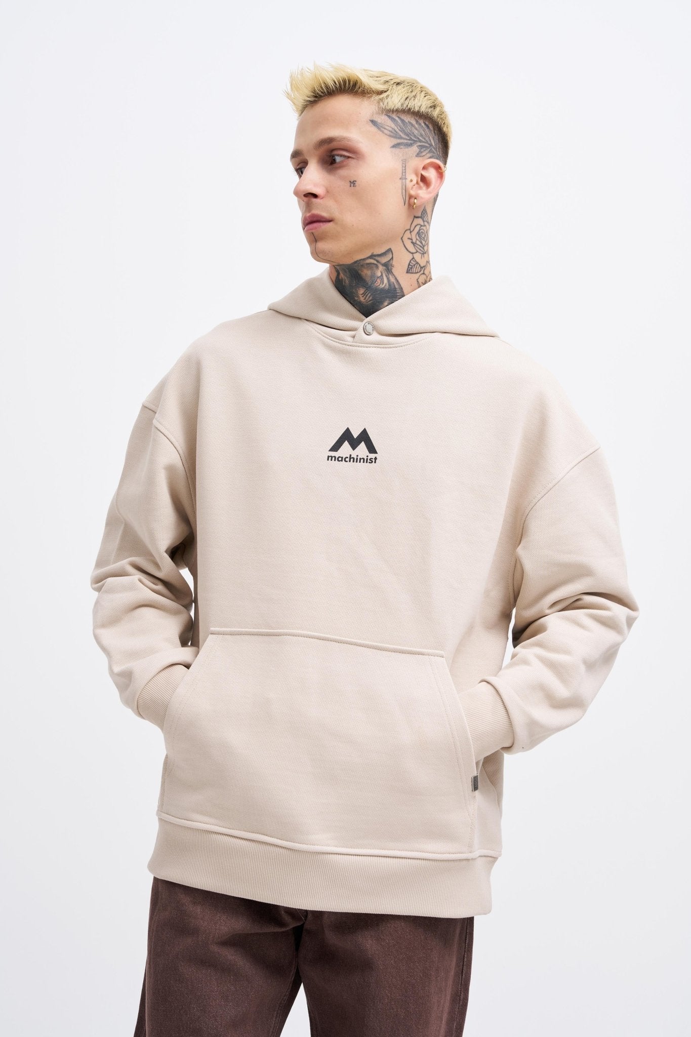 Erkek M Shaped Pactwork Kapüşonlu Sweatshirt Açık Bej