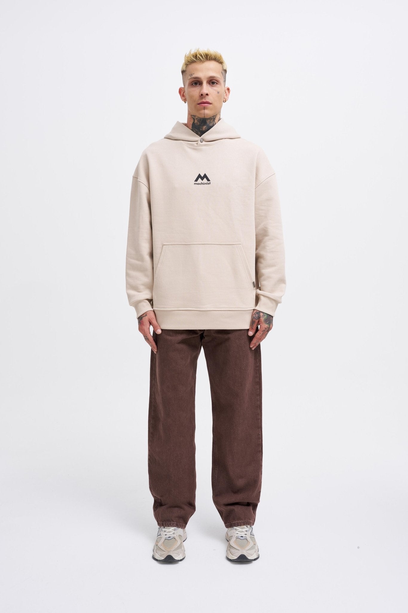 Erkek M Shaped Pactwork Kapüşonlu Sweatshirt Açık Bej