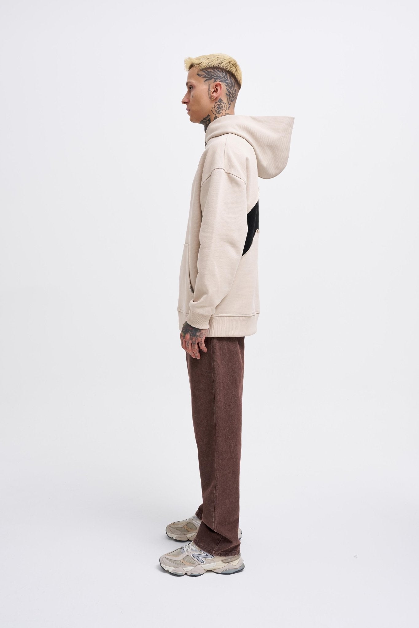 Erkek M Shaped Pactwork Kapüşonlu Sweatshirt Açık Bej