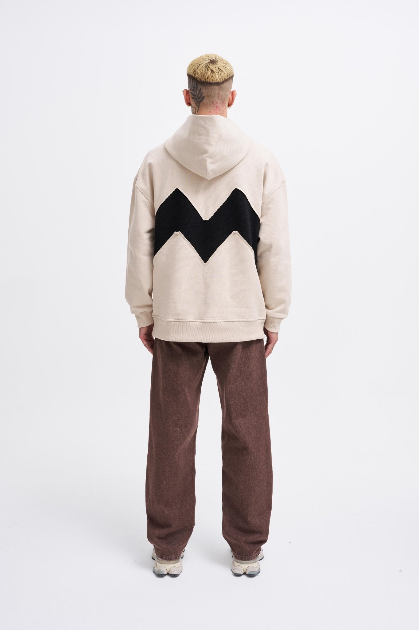 Erkek M Shaped Pactwork Kapüşonlu Sweatshirt Açık Bej