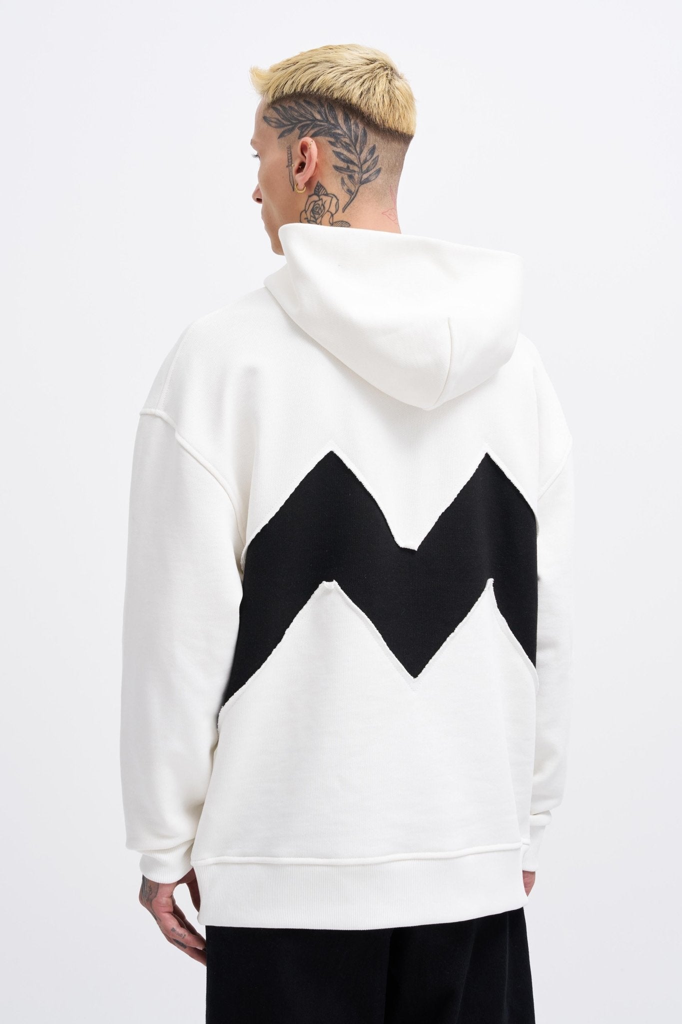 Erkek M Shaped Pactwork Kapüşonlu Sweatshirt Ekru