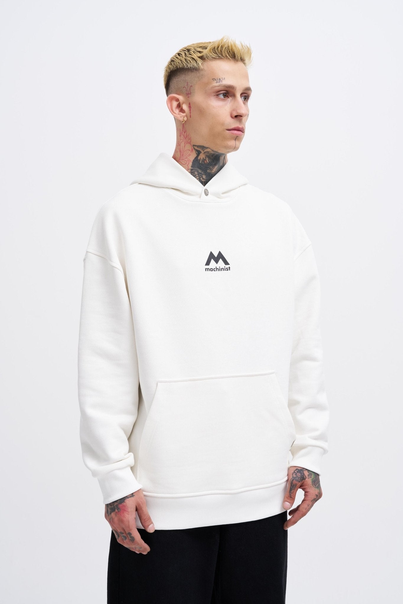 Erkek M Shaped Pactwork Kapüşonlu Sweatshirt Ekru