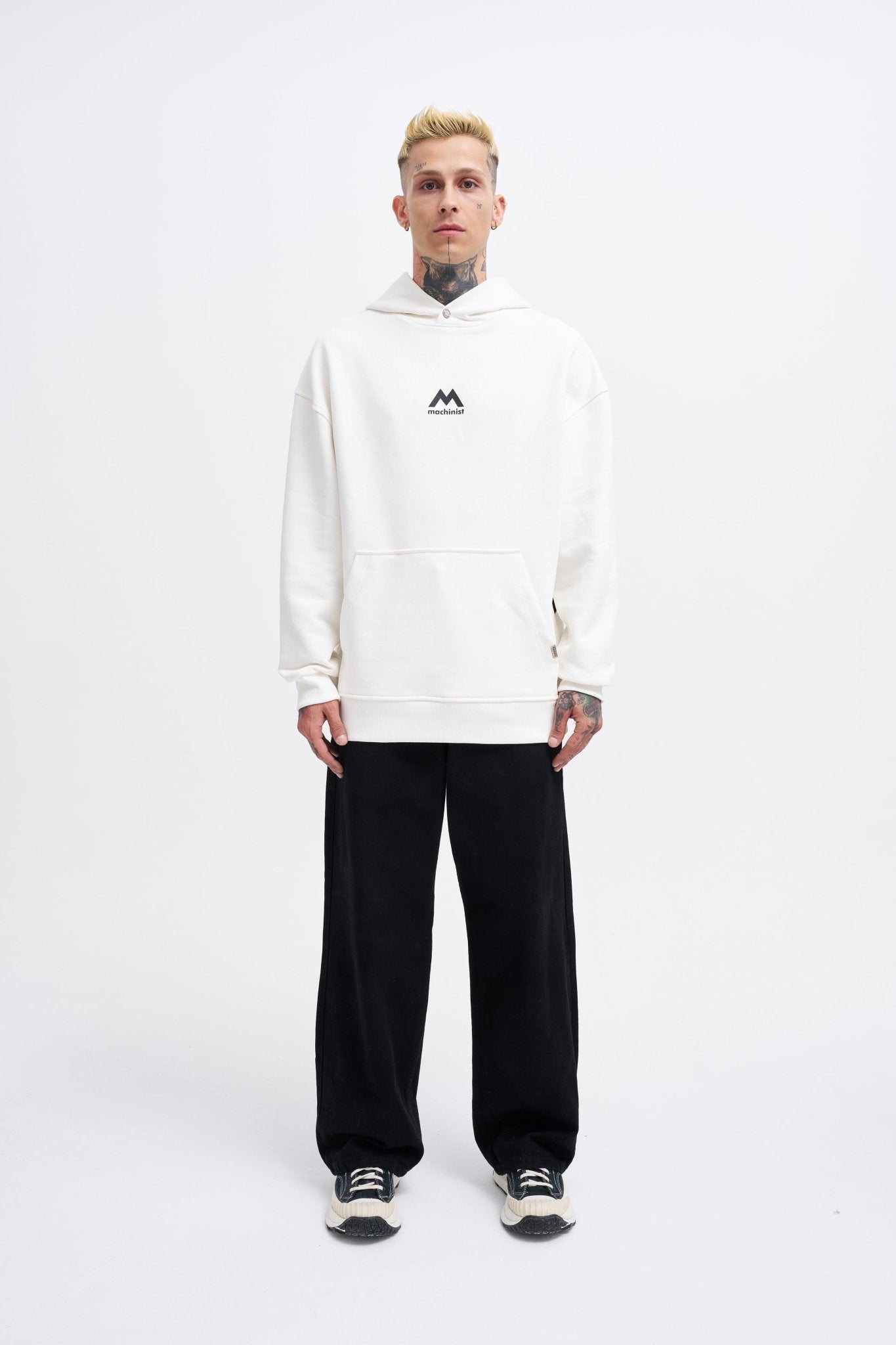 Erkek M Shaped Pactwork Kapüşonlu Sweatshirt Ekru