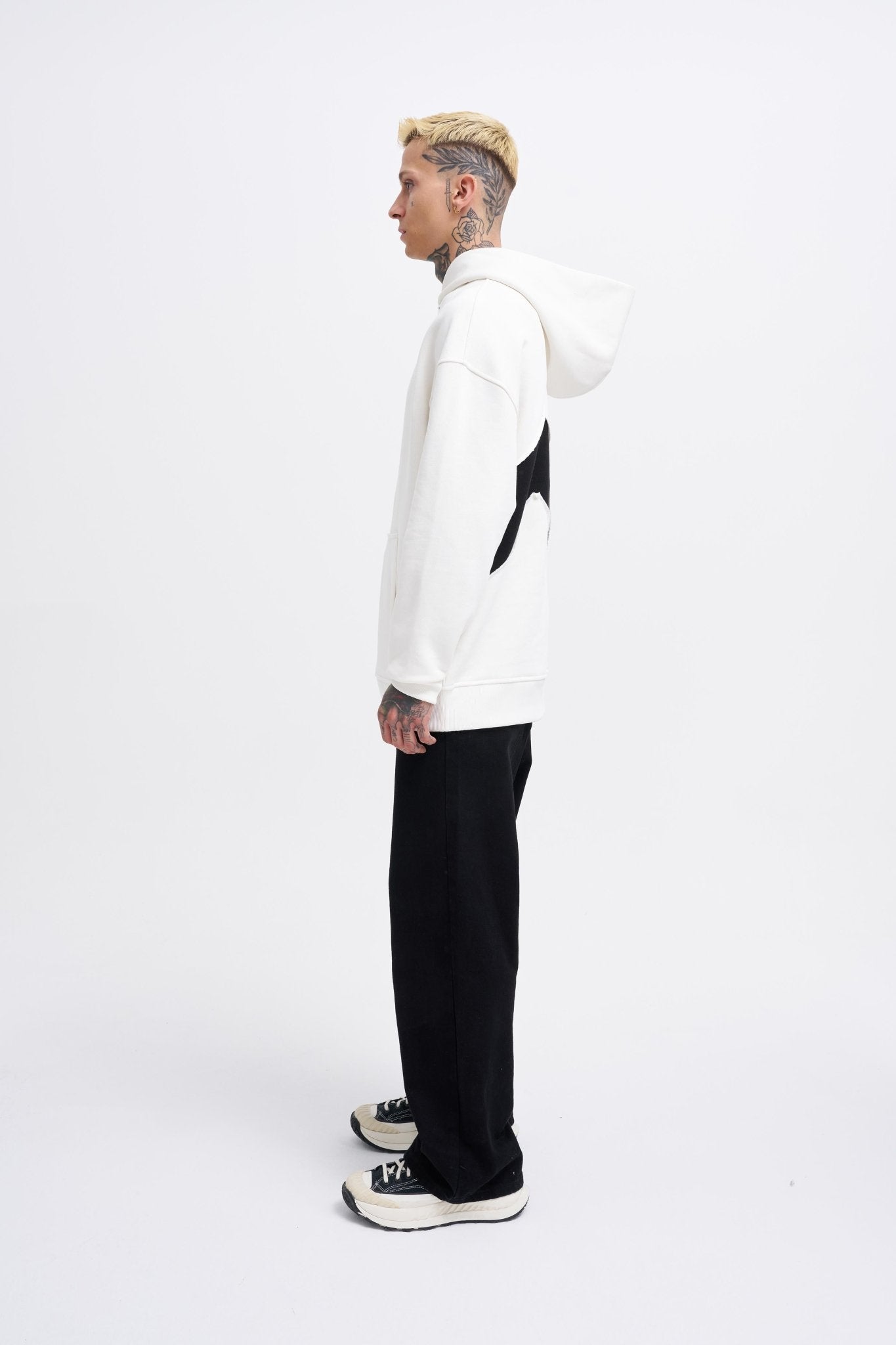 Erkek M Shaped Pactwork Kapüşonlu Sweatshirt Ekru