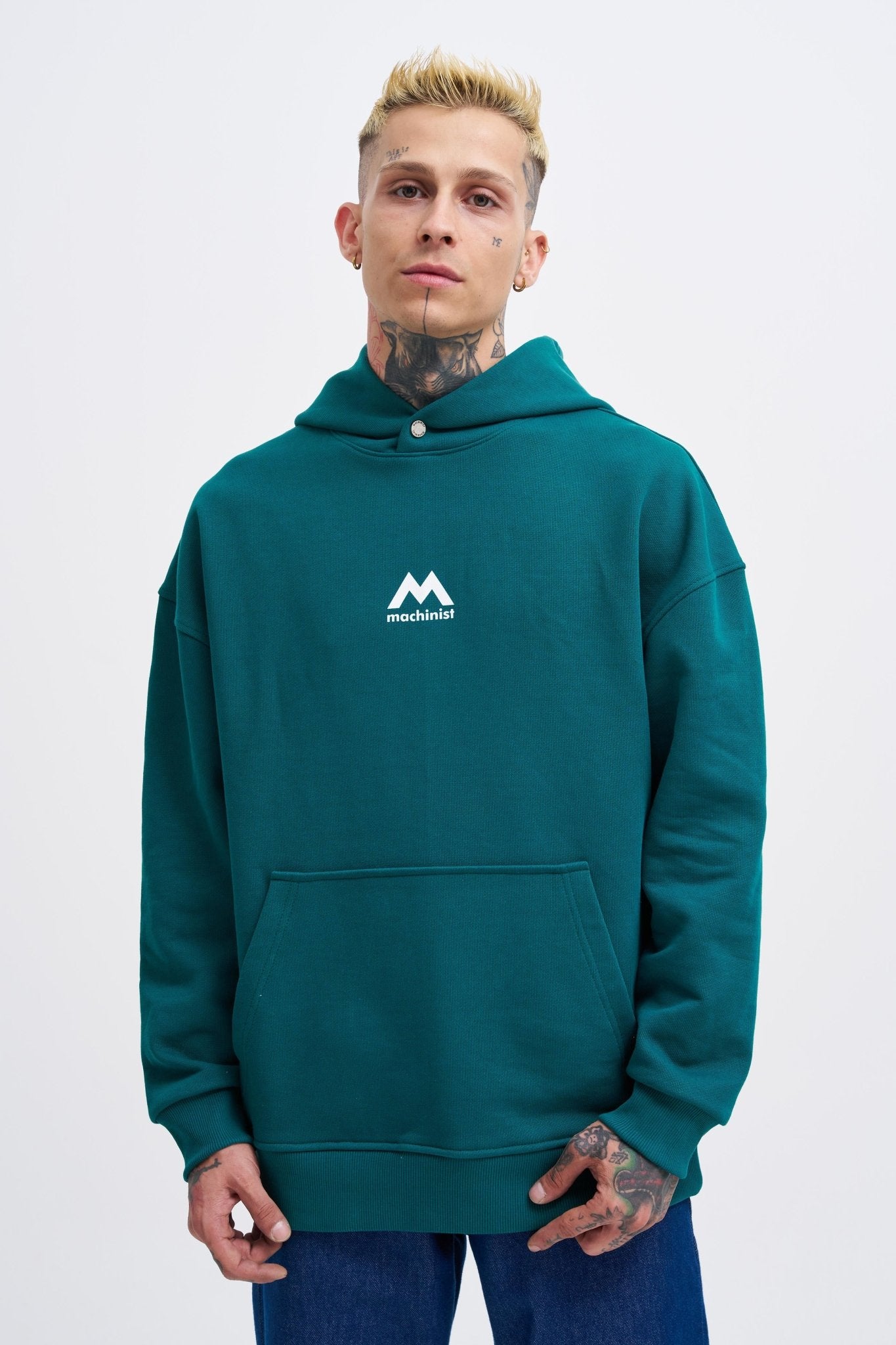Erkek M Shaped Pactwork Kapüşonlu Sweatshirt Yağ Yeşili