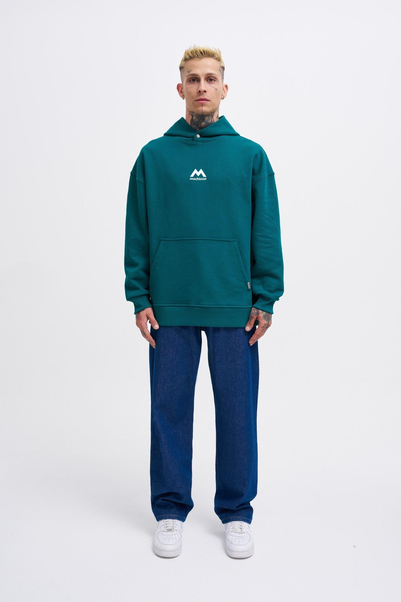 Erkek M Shaped Pactwork Kapüşonlu Sweatshirt Yağ Yeşili