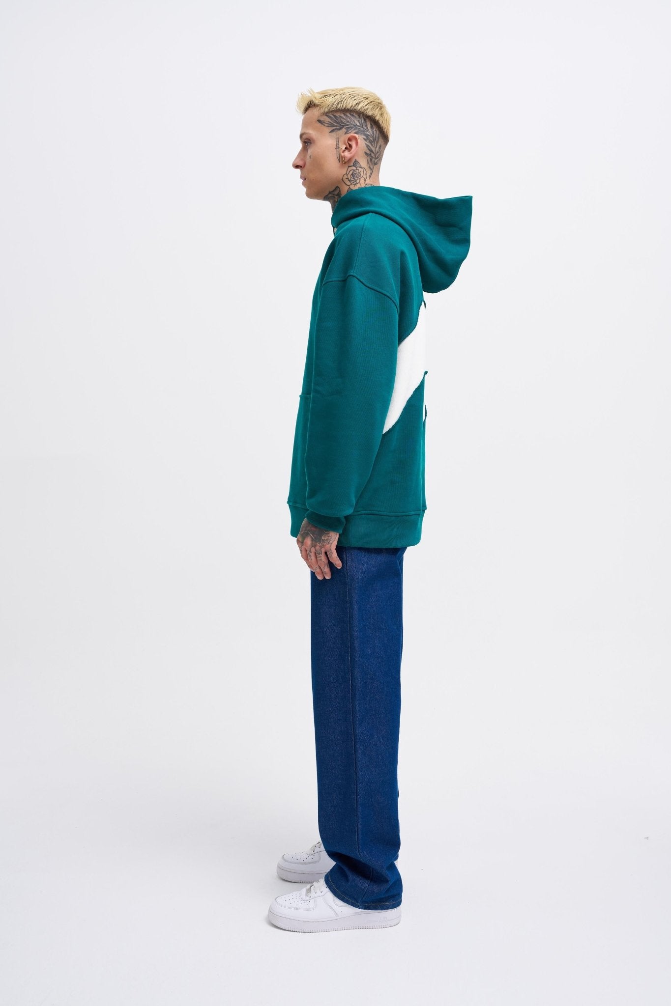Erkek M Shaped Pactwork Kapüşonlu Sweatshirt Yağ Yeşili