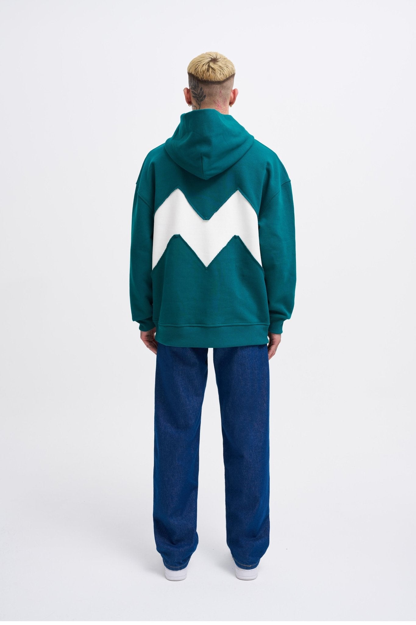 Erkek M Shaped Pactwork Kapüşonlu Sweatshirt Yağ Yeşili