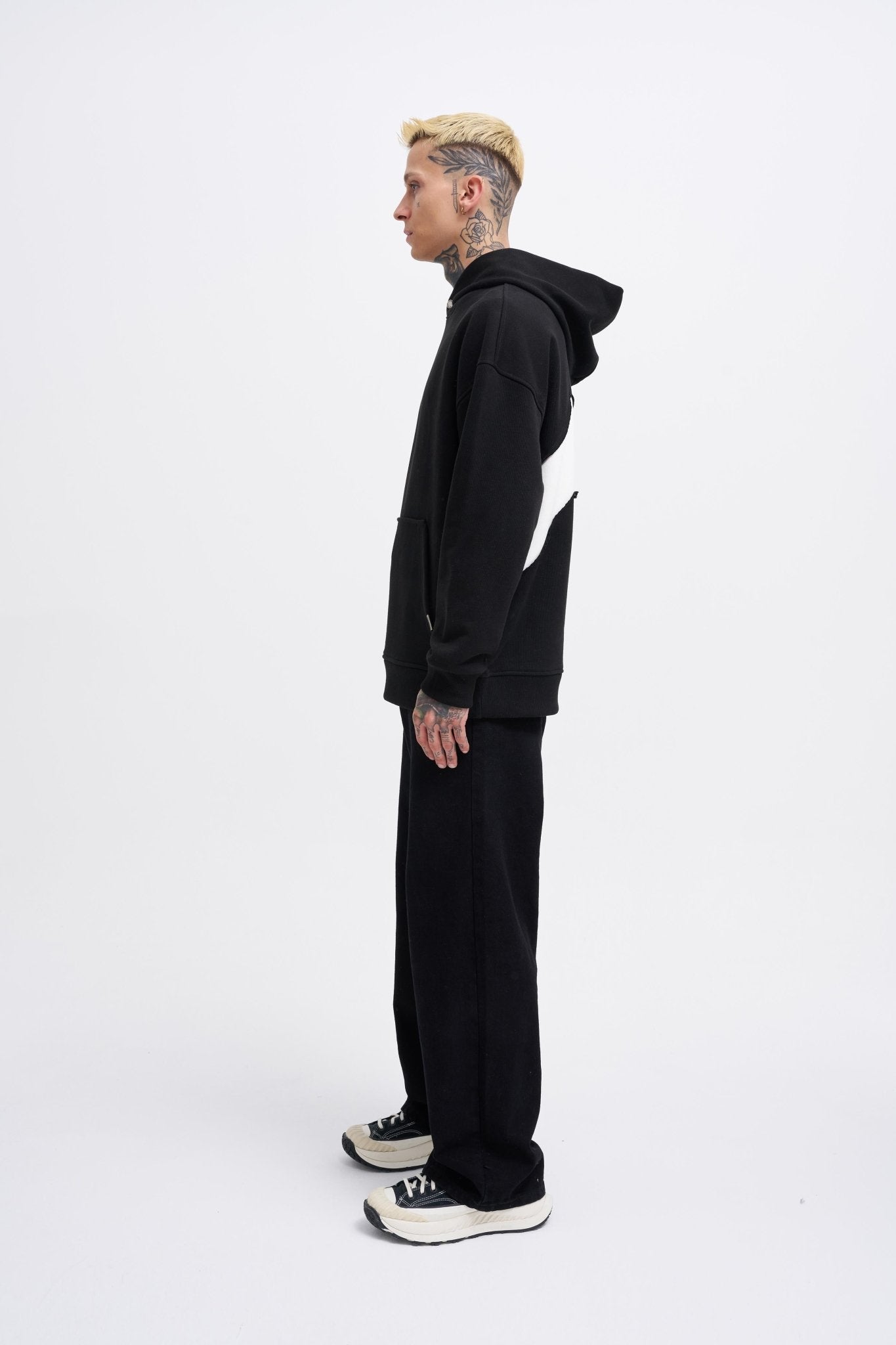 Erkek M Shaped Pactwork Kapüşonlu Sweatshirt Siyah