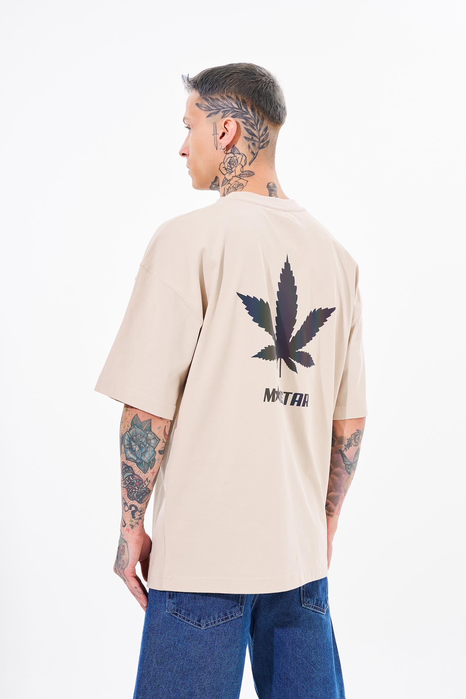 Erkek Macstar Leaf Baskılı Oversize Tişört Açık Bej