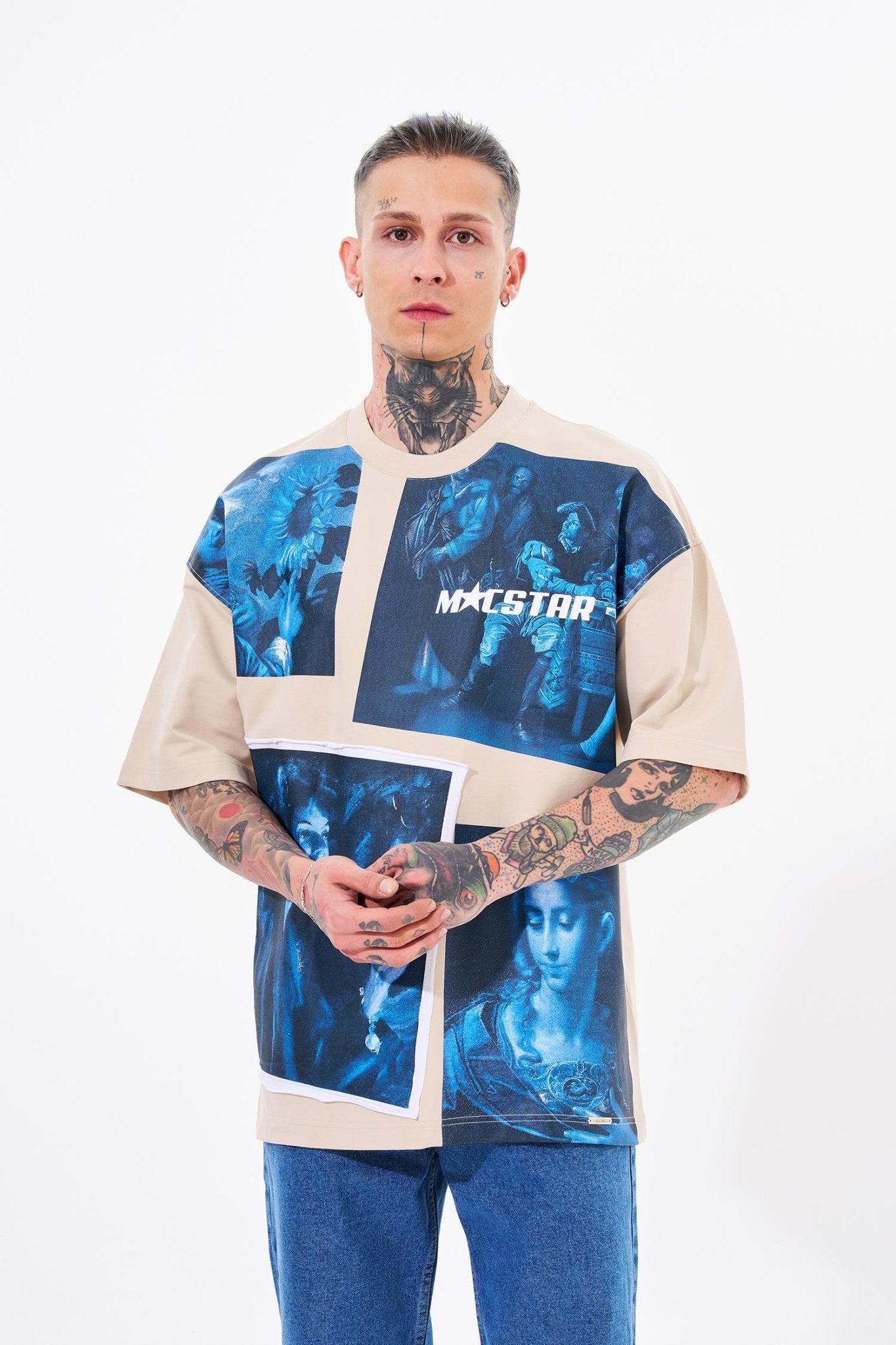 Erkek Macstar Vintage Oversize Tişört Açık Bej