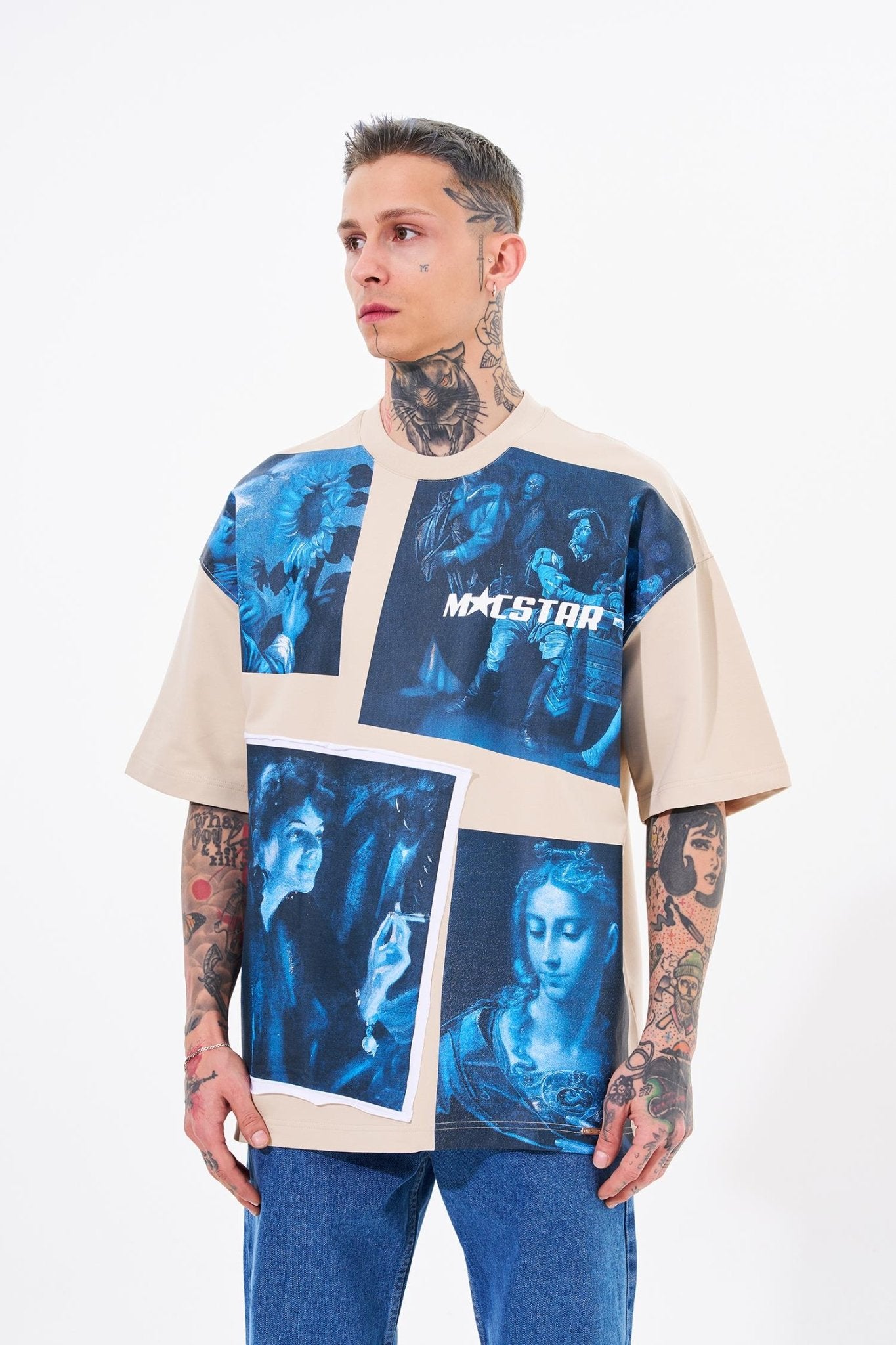 Erkek Macstar Vintage Oversize Tişört Açık Bej