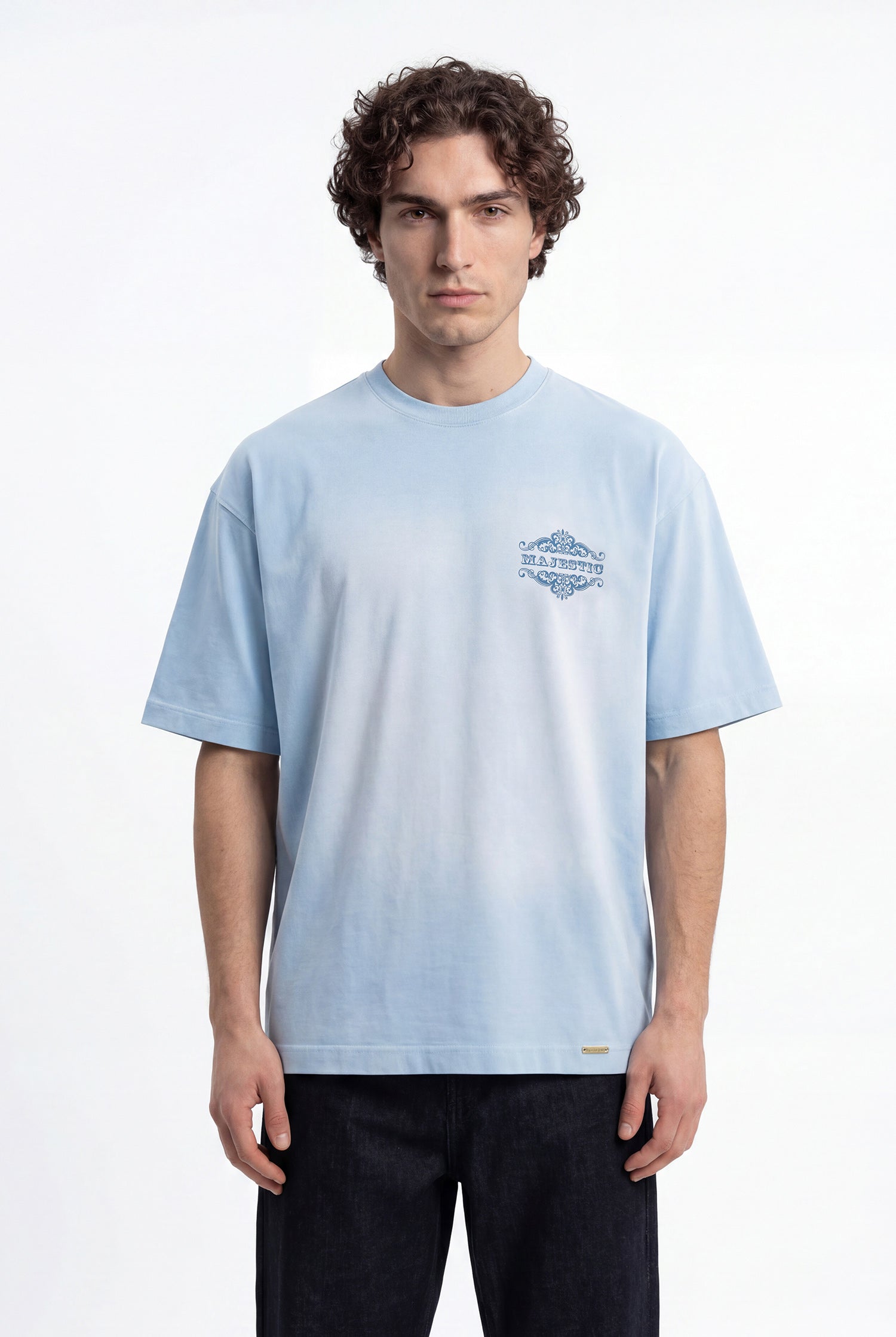 Erkek Majestic Slogan Oversize Tişört Açık Mavi-3