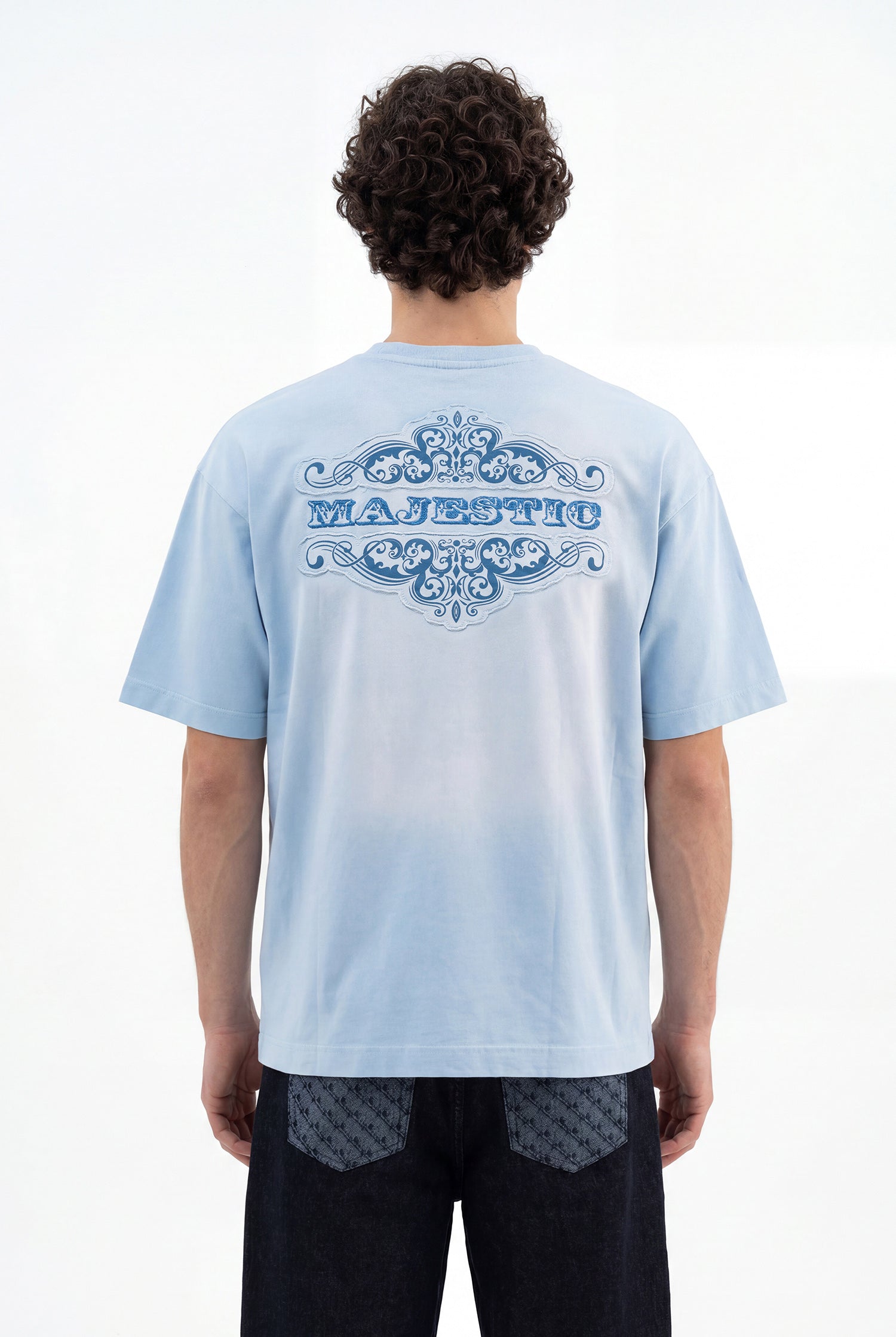 Erkek Majestic Slogan Oversize Tişört Açık Mavi-6