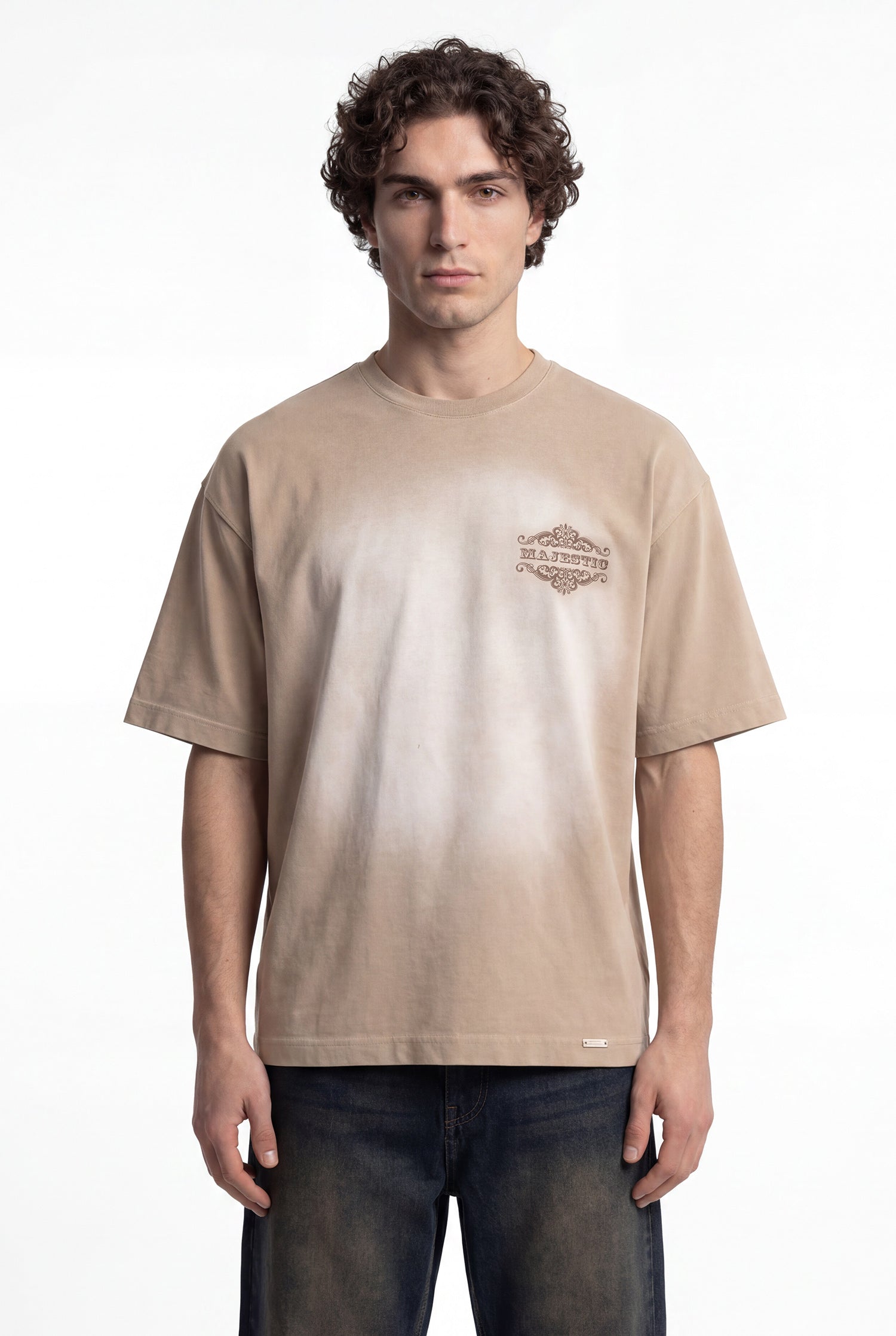 Erkek Majestic Slogan Oversize Tişört Koyu Bej-3