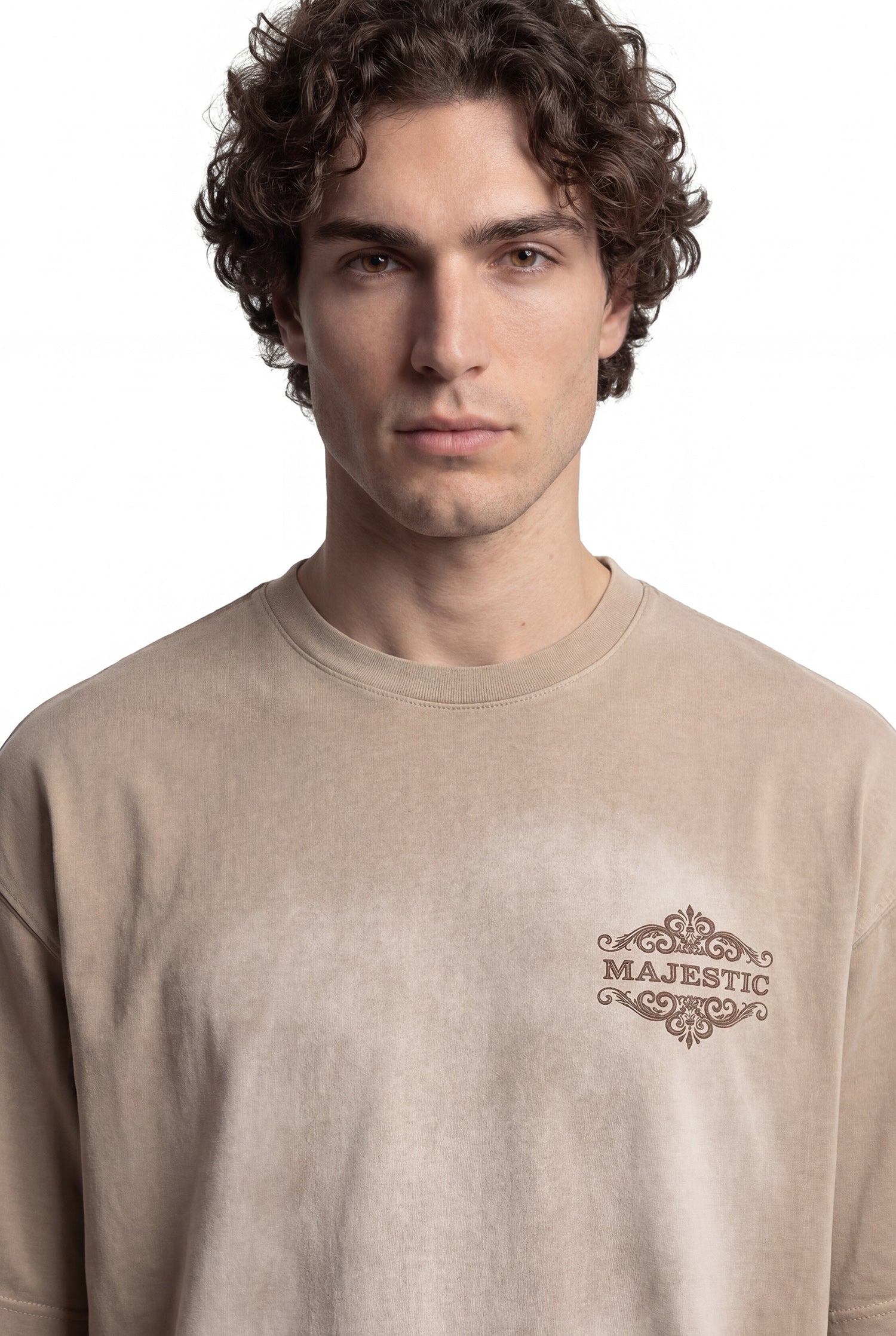 Erkek Majestic Slogan Oversize Tişört Koyu Bej-4