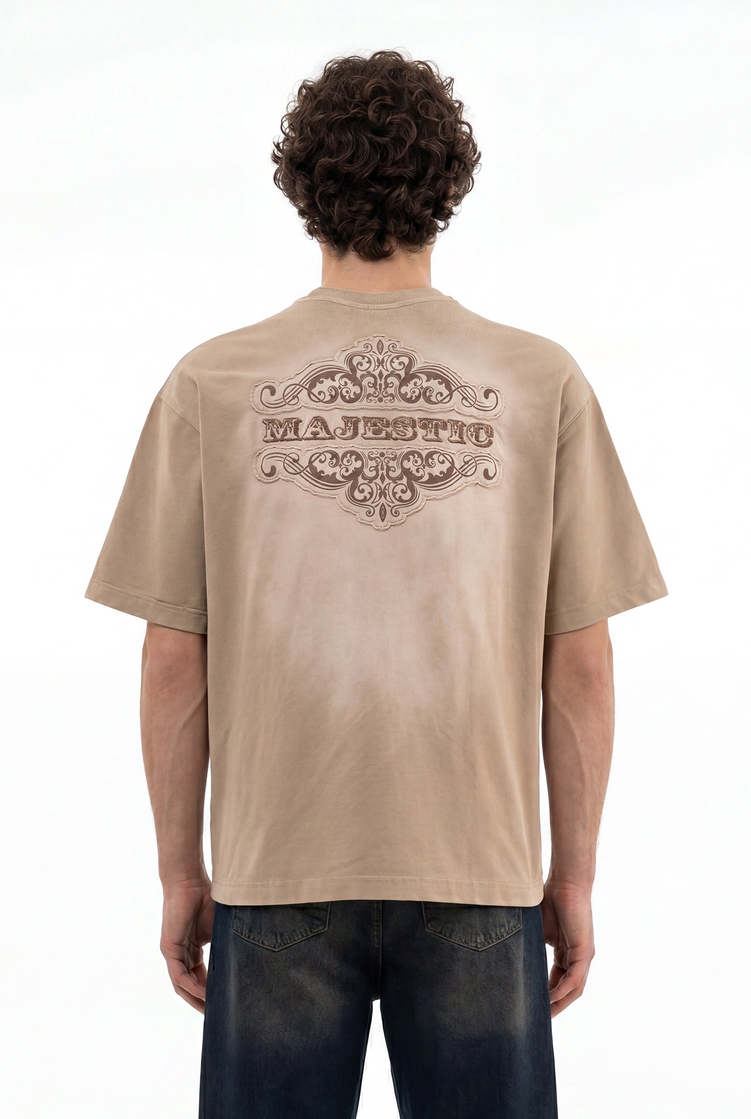 Erkek Majestic Slogan Oversize Tişört Koyu Bej-6