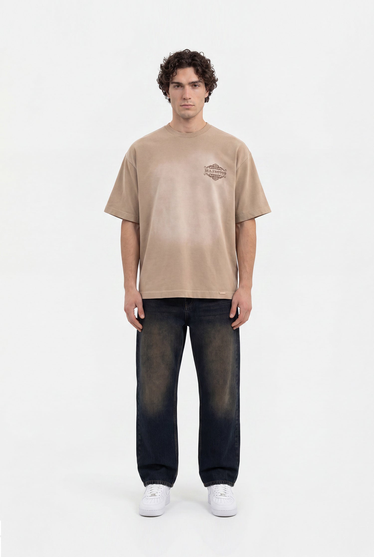 Erkek Majestic Slogan Oversize Tişört Koyu Bej-8