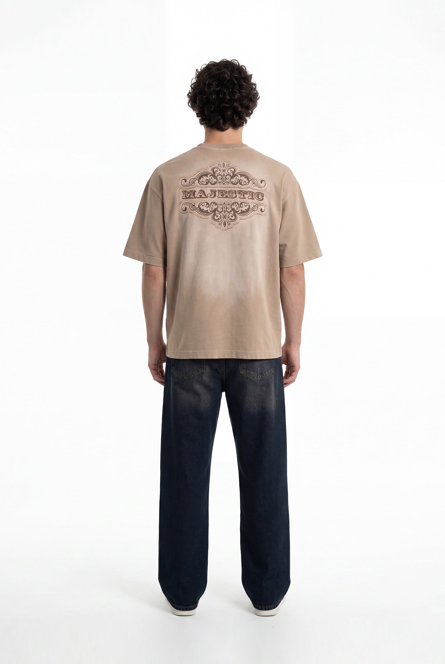 Erkek Majestic Slogan Oversize Tişört Koyu Bej-9