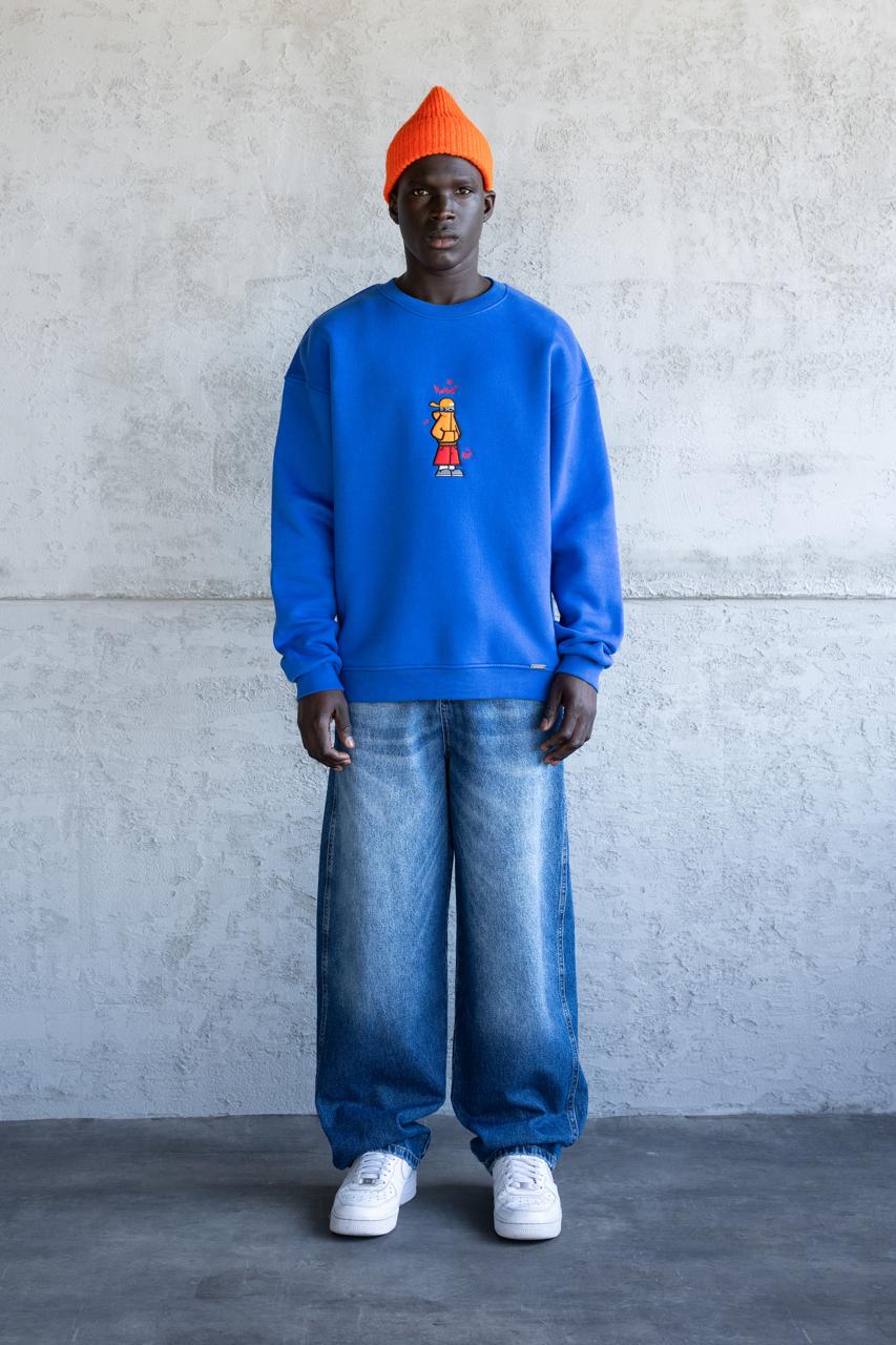 Erkek Mascot Nakışlı Şardonlu Sweatshirt Açık Mavi