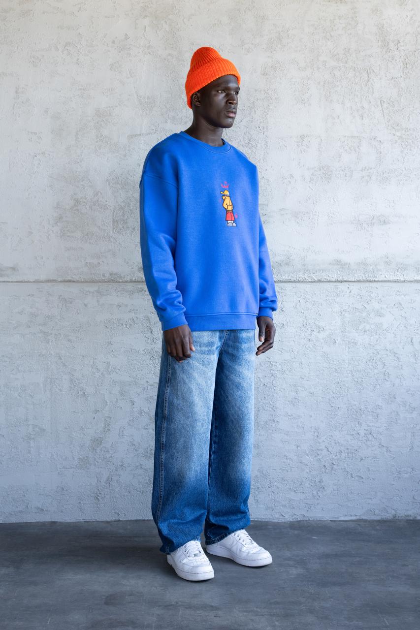 Erkek Mascot Nakışlı Şardonlu Sweatshirt Açık Mavi