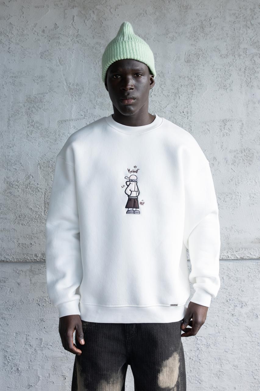 Erkek Mascot Nakışlı Şardonlu Sweatshirt Ekru