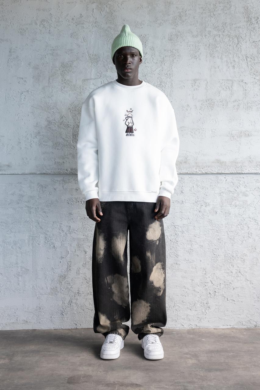 Erkek Mascot Nakışlı Şardonlu Sweatshirt Ekru