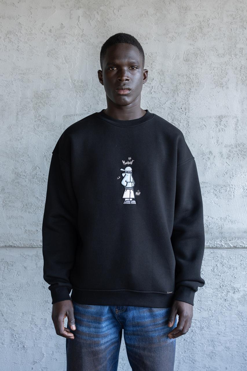 Erkek Mascot Nakışlı Şardonlu Sweatshirt Siyah