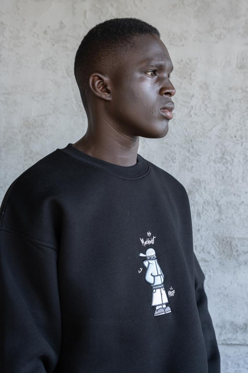 Erkek Mascot Nakışlı Şardonlu Sweatshirt Siyah