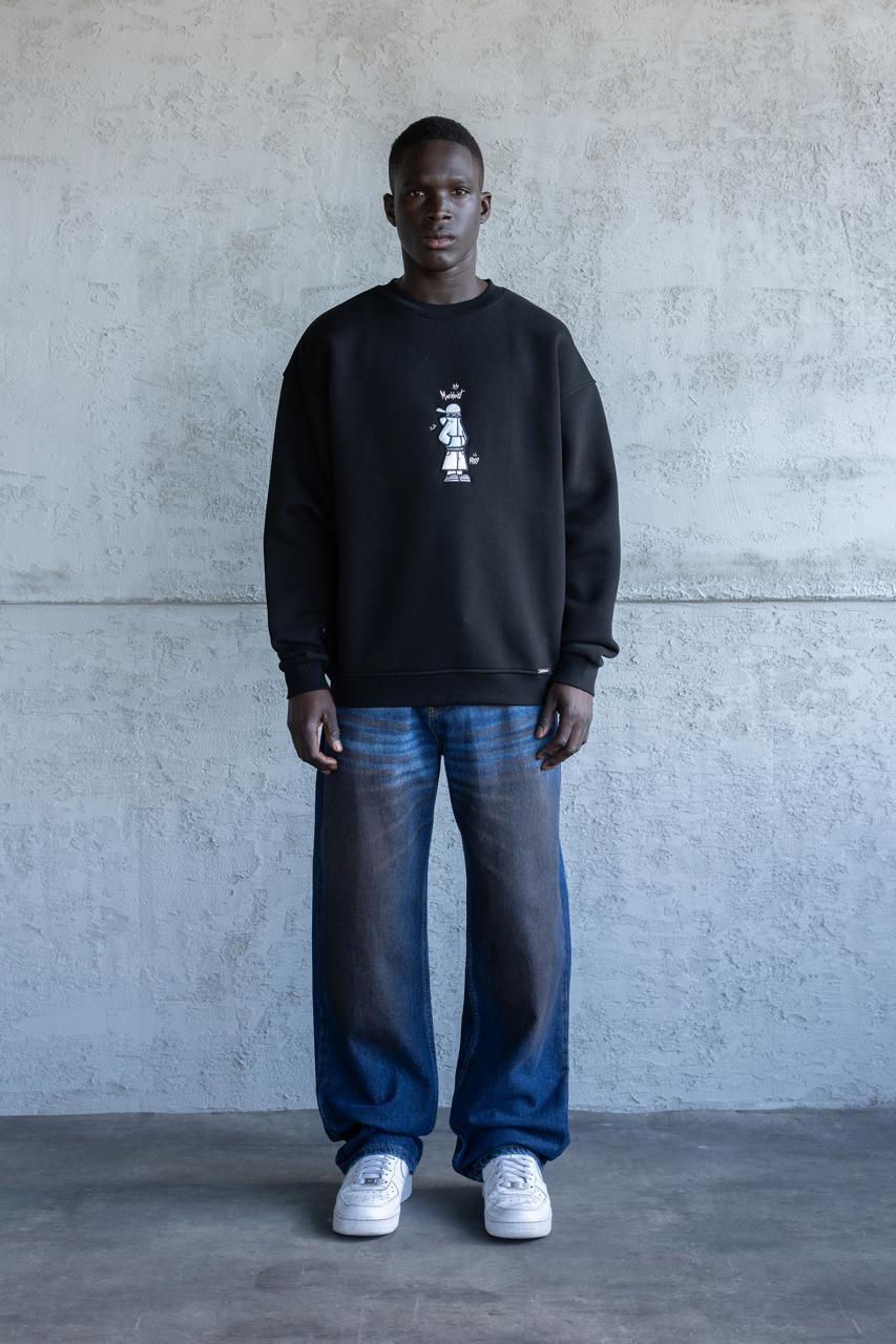 Erkek Mascot Nakışlı Şardonlu Sweatshirt Siyah