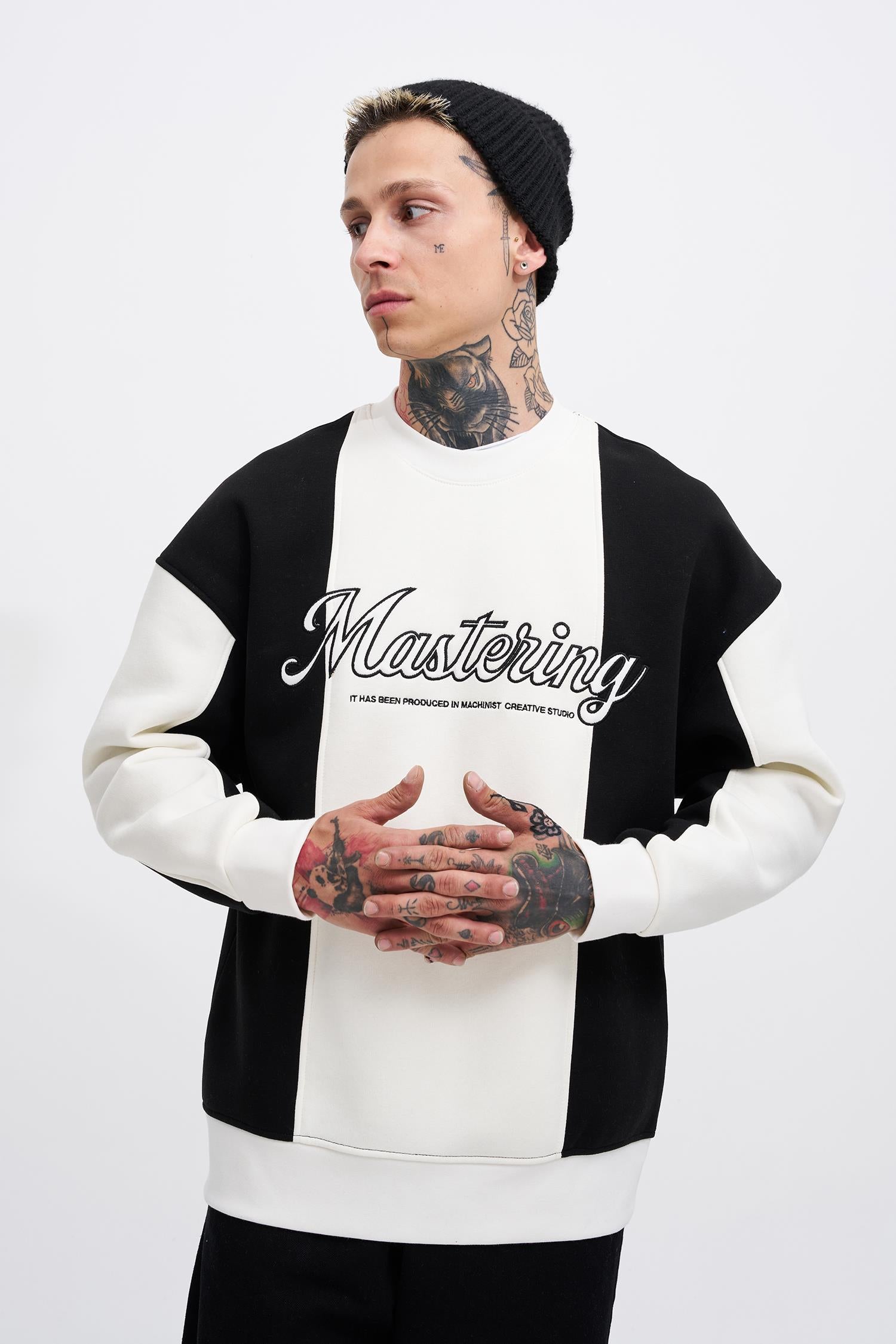 Erkek Mastering Slogan Embroidery Sweatshirt Ekru - Siyah