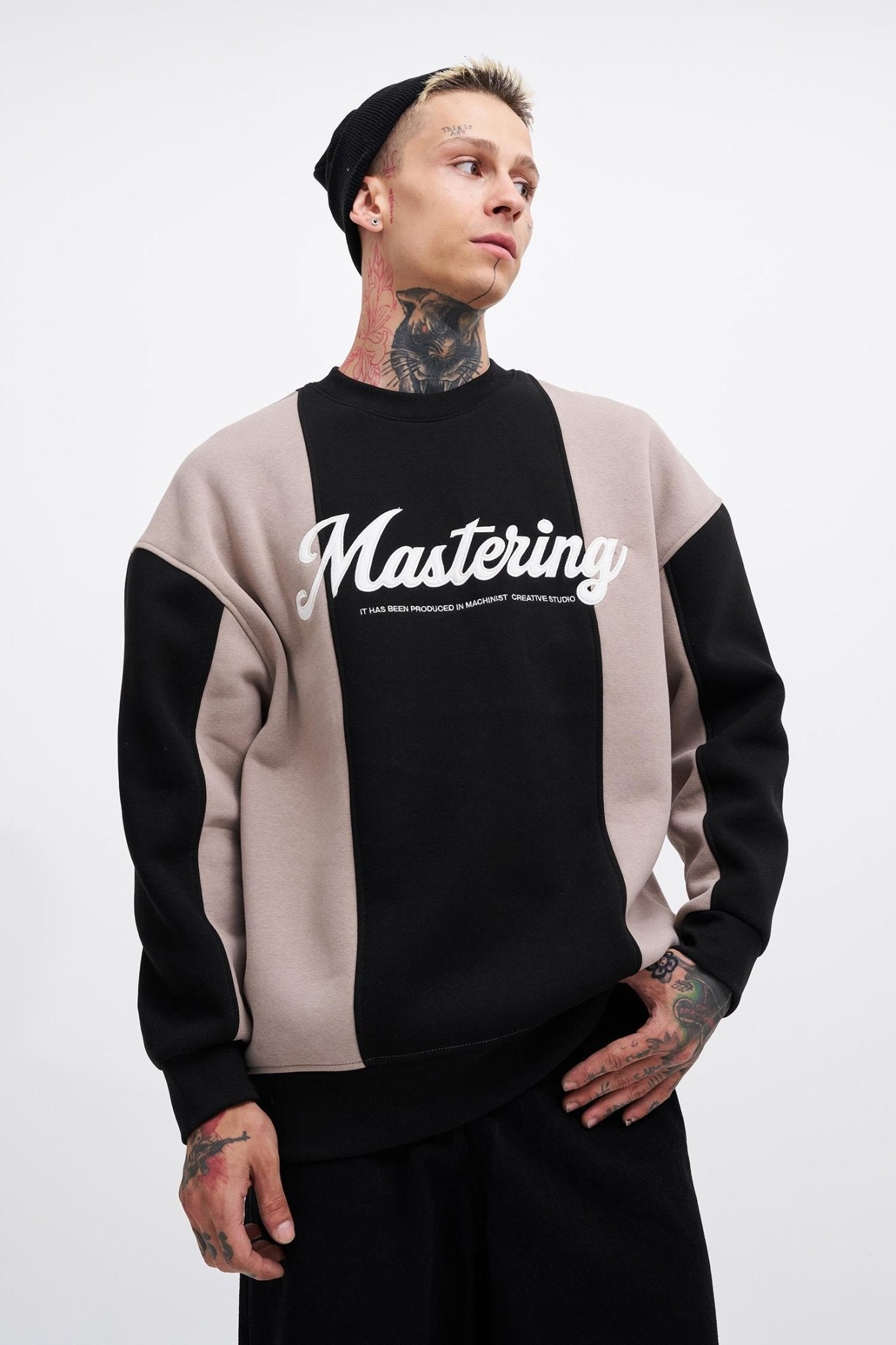 Erkek Mastering Slogan Embroidery Sweatshirt Siyah - Açık Gri