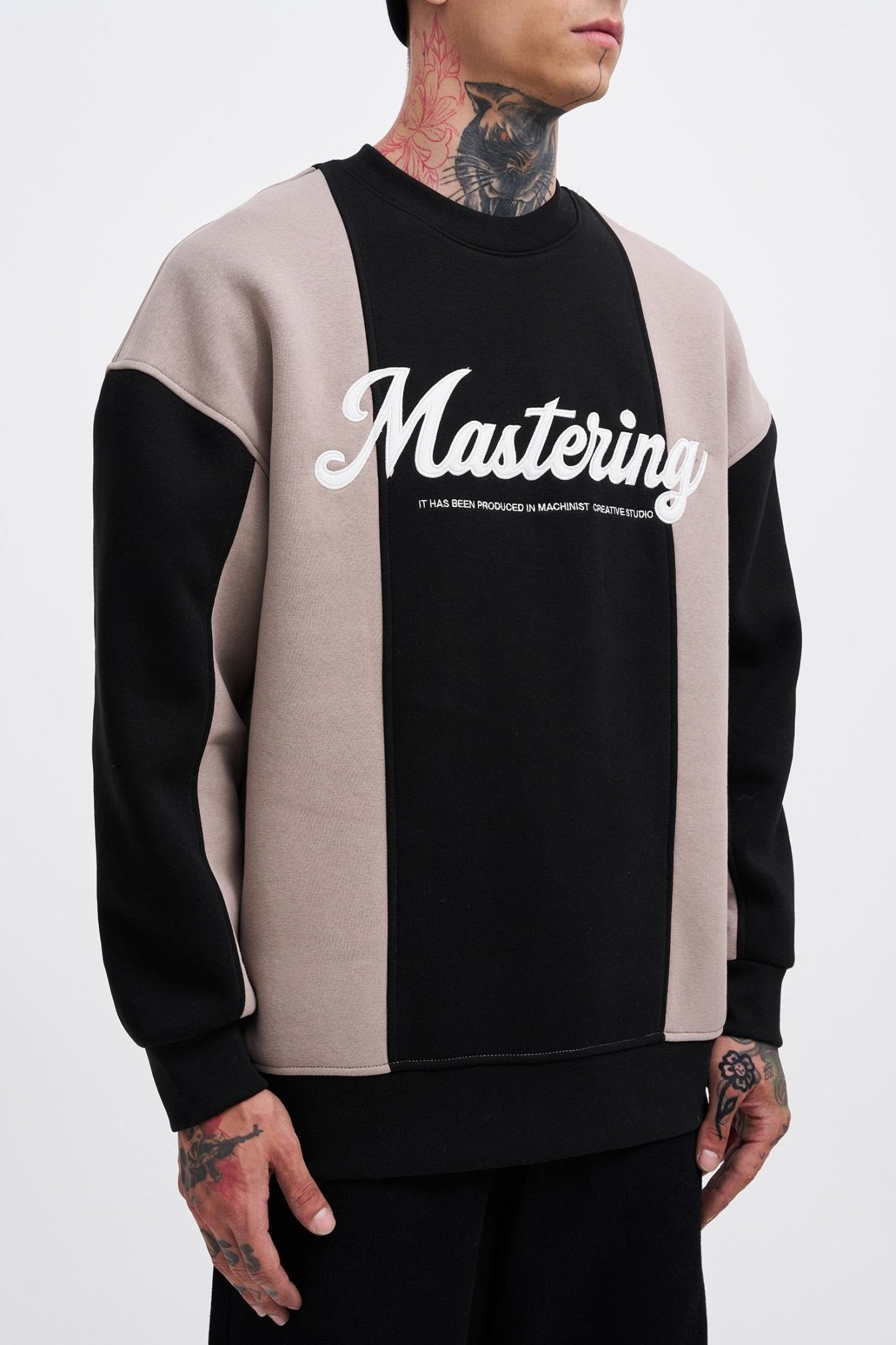 Erkek Mastering Slogan Embroidery Sweatshirt Siyah - Açık Gri