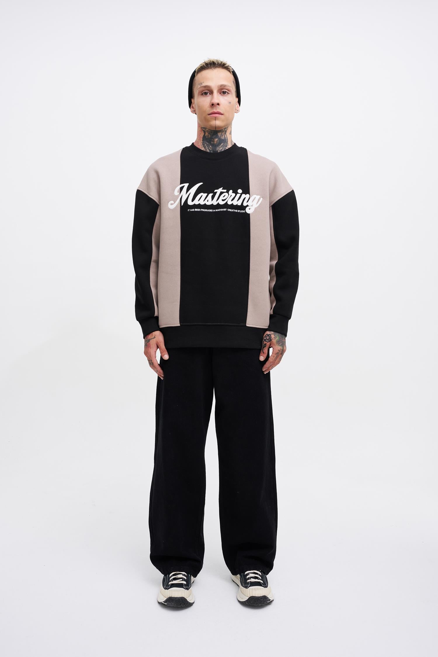 Erkek Mastering Slogan Embroidery Sweatshirt Siyah - Açık Gri