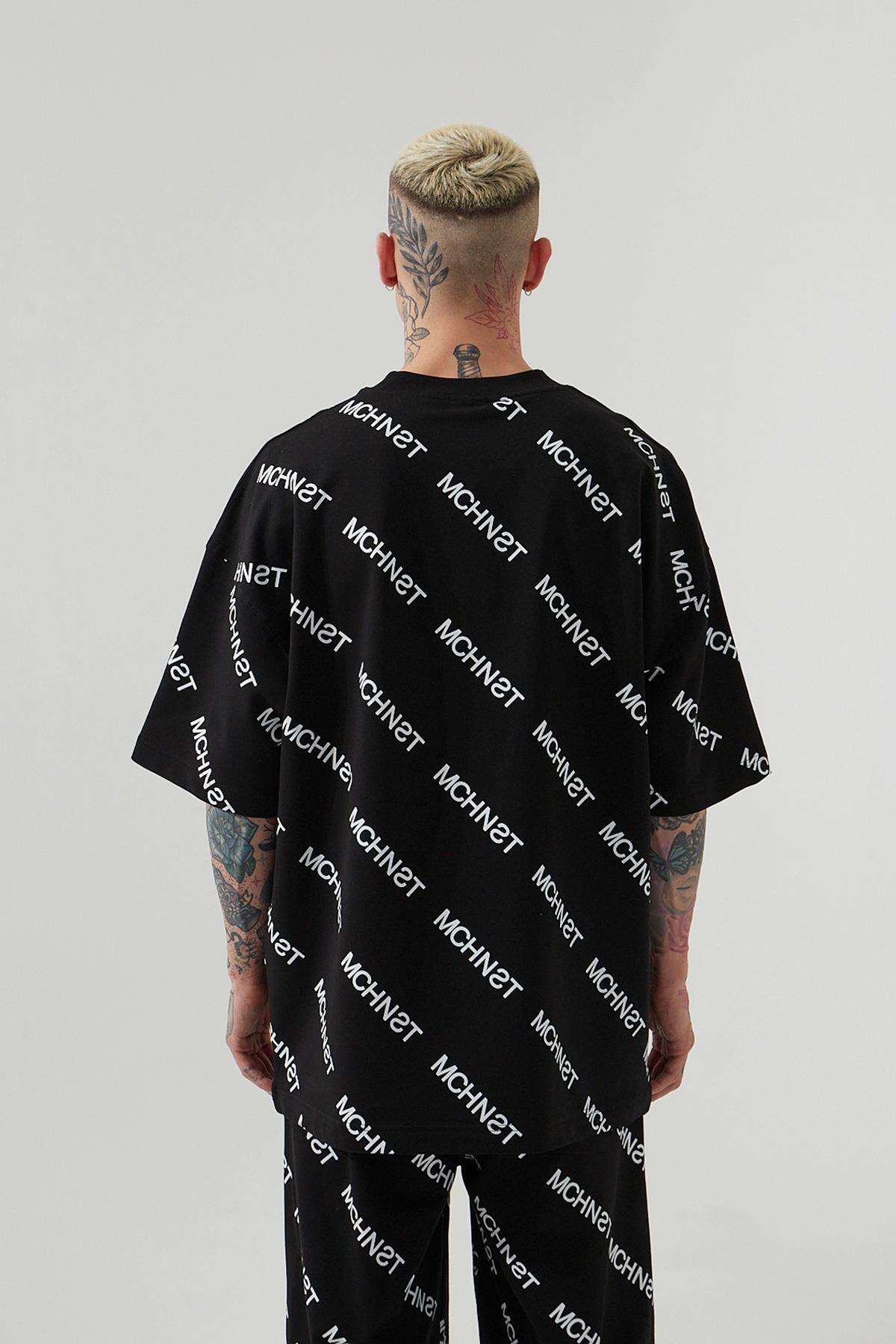 Erkek Mchnst Angels Baskılı Oversize Tişört Siyah