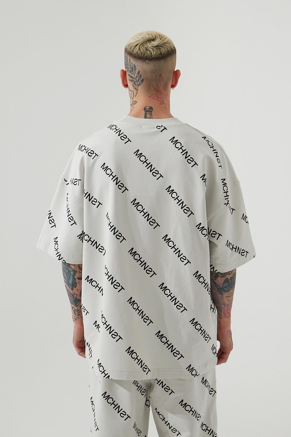 Erkek Mchnst Angels Baskılı Oversize Tişört Uzay Grisi