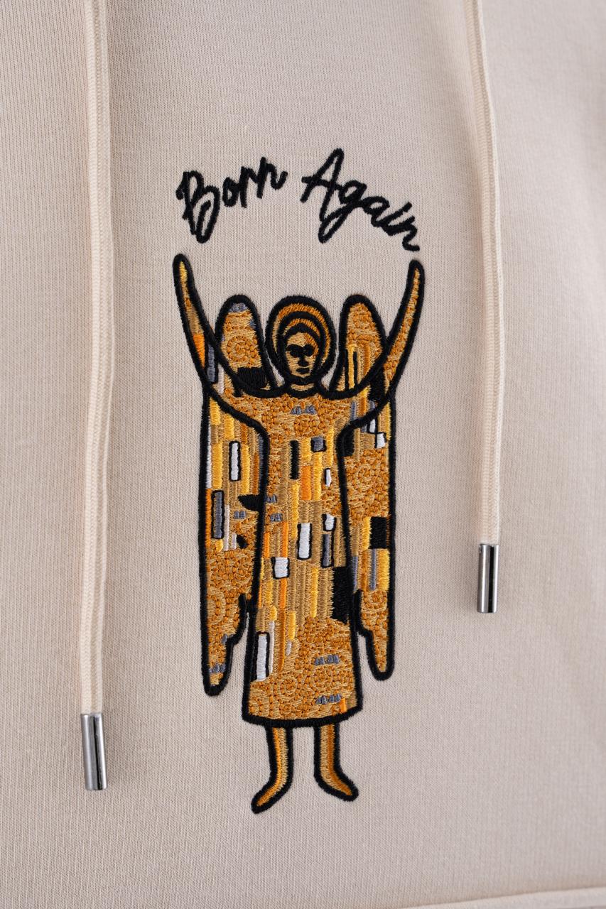 Erkek Melek Nakışlı Şardonlu Kapüşonlu Sweatshirt Açık Bej