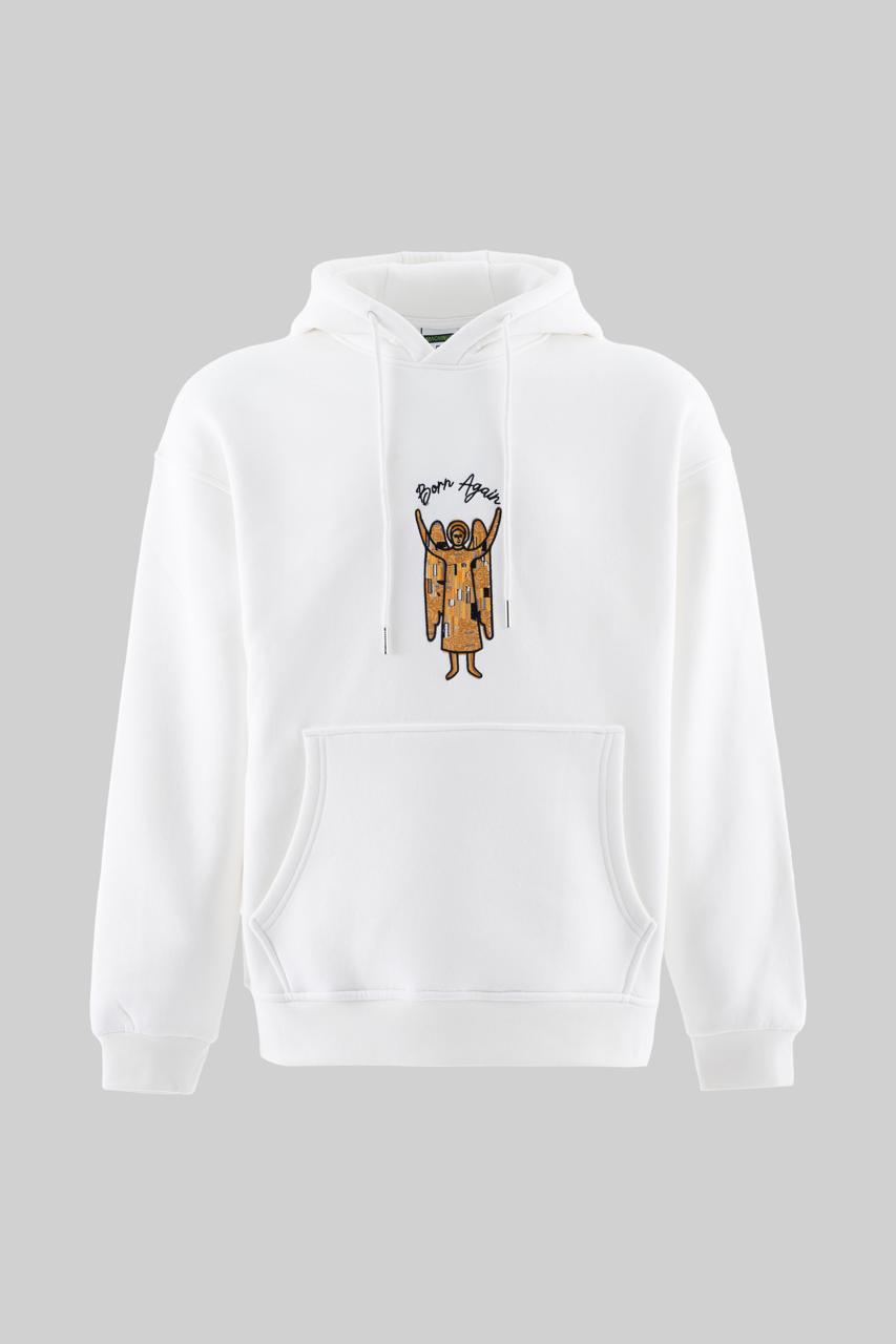 Erkek Melek Nakışlı Şardonlu Kapüşonlu Sweatshirt Ekru